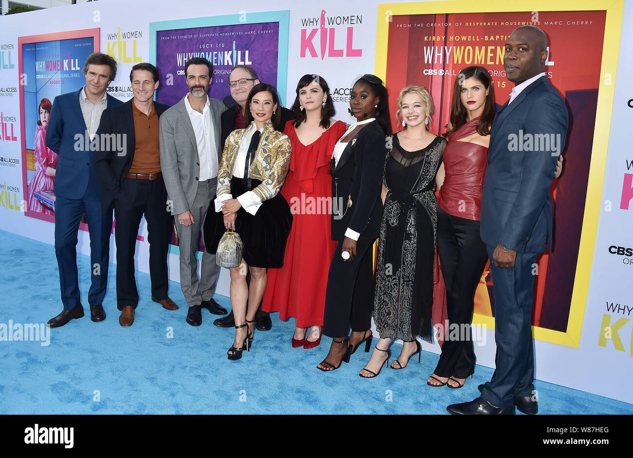 BEVERLY HILLS, CA - AUGUST 07: (L-R) Jack Davenport, Sam Jaeger, Reid Scott, Marc Cherry, Lucy Liu, Ginnifer Goodwin, Kirby Howell-Baptiste, Sadie Calvano, Alexandra Daddario and Kevin Daniels attend the LA Premiere of CBS All Access' 'Why Women Kill' at Wallis Annenberg Center for the Performing Arts on August 07, 2019 in Beverly Hills, California. Stock Photo
