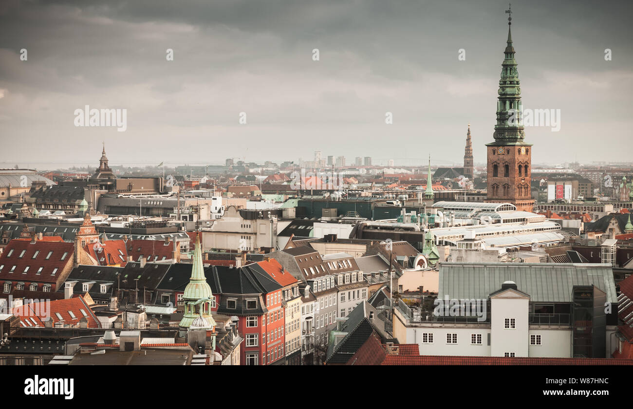 Skyline of Copenhagen, Denmark. Old town with spire of City Hall at winter day. Photo taken from The Round Tower, popular old city landmark and viewpo Stock Photo