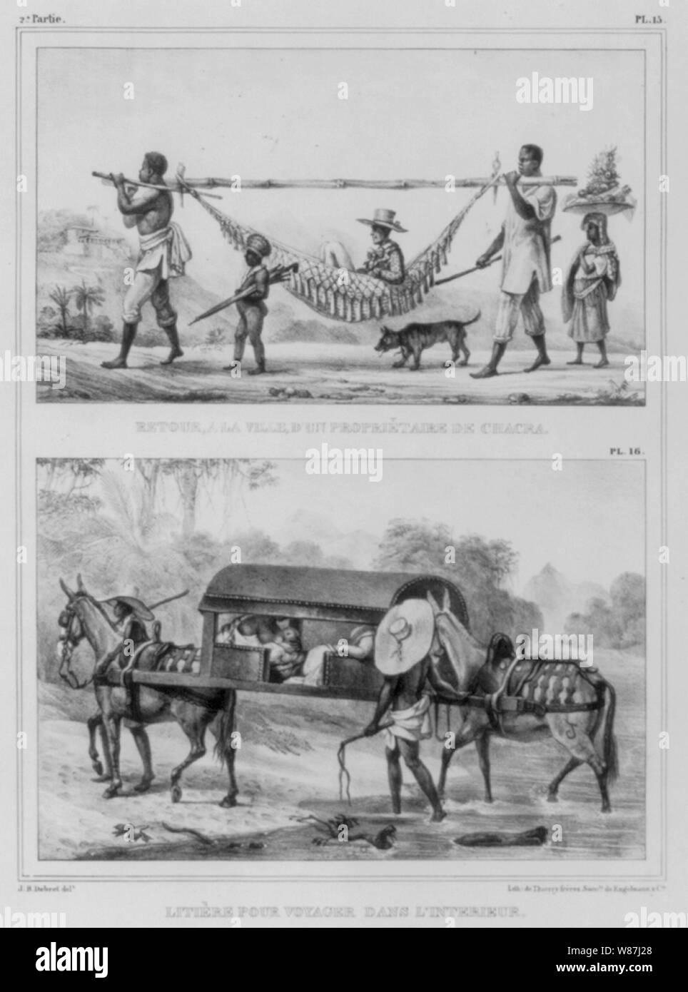 2 Blacks carrying gentleman in hammock attached to pole; also 2 mules carrying man in sedan chair Stock Photo