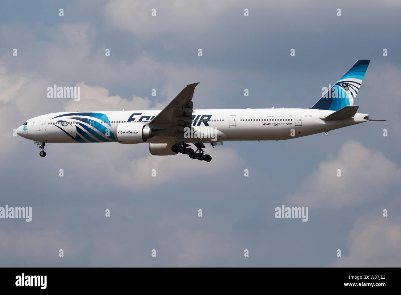 LONDON / UNITED KINGDOM - JULY 14, 2018: Egyptair Boeing 777-300ER SU-GDO passenger plane landing at London Heathrow Airport Stock Photo