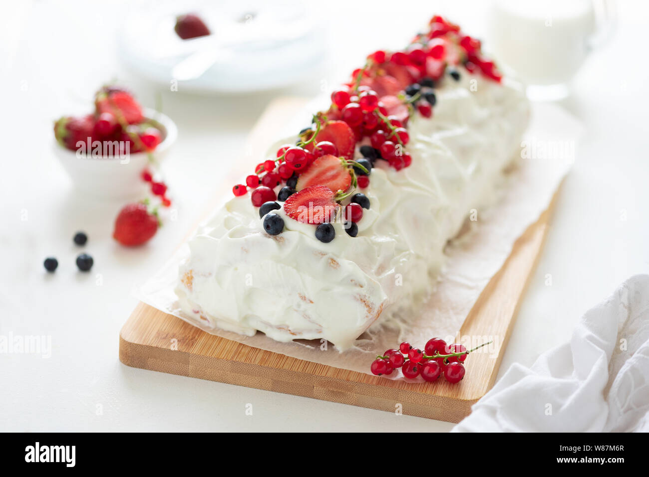 Sponge Biscuit Cake Roll Filling Whipped Cream And Berries