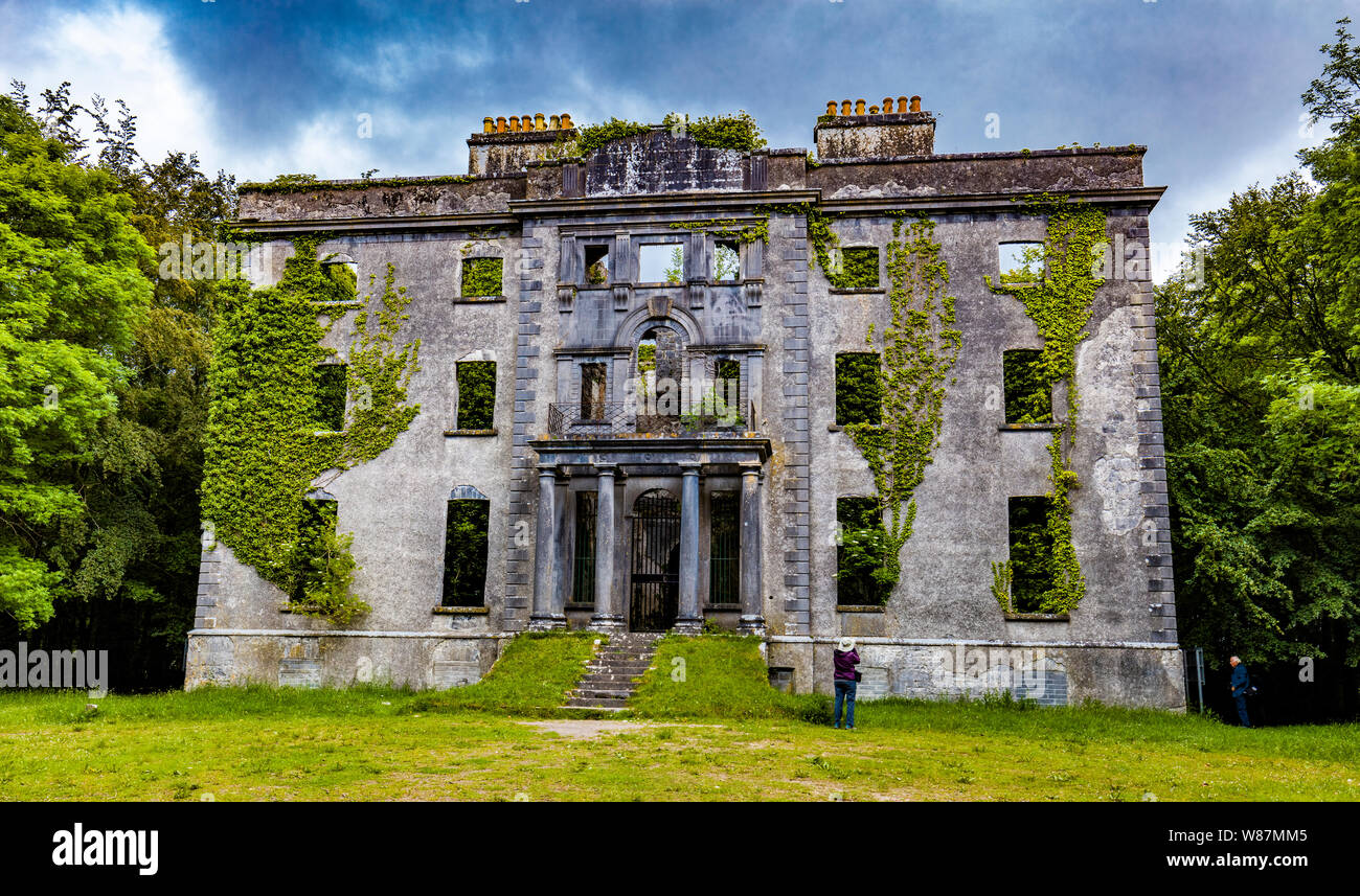 Ruins of Moore Hall or Moorehall in the  village Carnacon in County Mayo Ireland Stock Photo