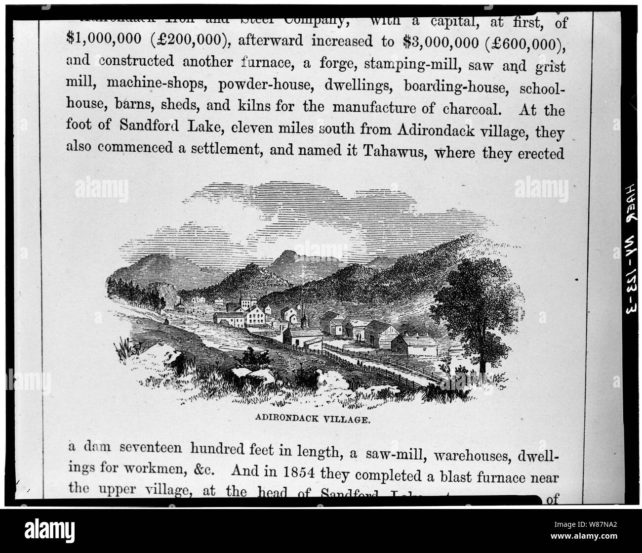 3.  Photocopied June 1978 'ADIRONDACK VILLAGE.' ENGRAVING MADE IN 1859, LOOKING DOWN MAIN STREET. SOURCE: BENSON LOSSING, THE HUDSON, FROM THE WILDERNESS TO THE SEA, TROY, NEW YORK, 1866, p. 27. - Adirondack Iron & Steel Company, New Furnace, Hudson River, Tahawus, Essex County, NY Stock Photo