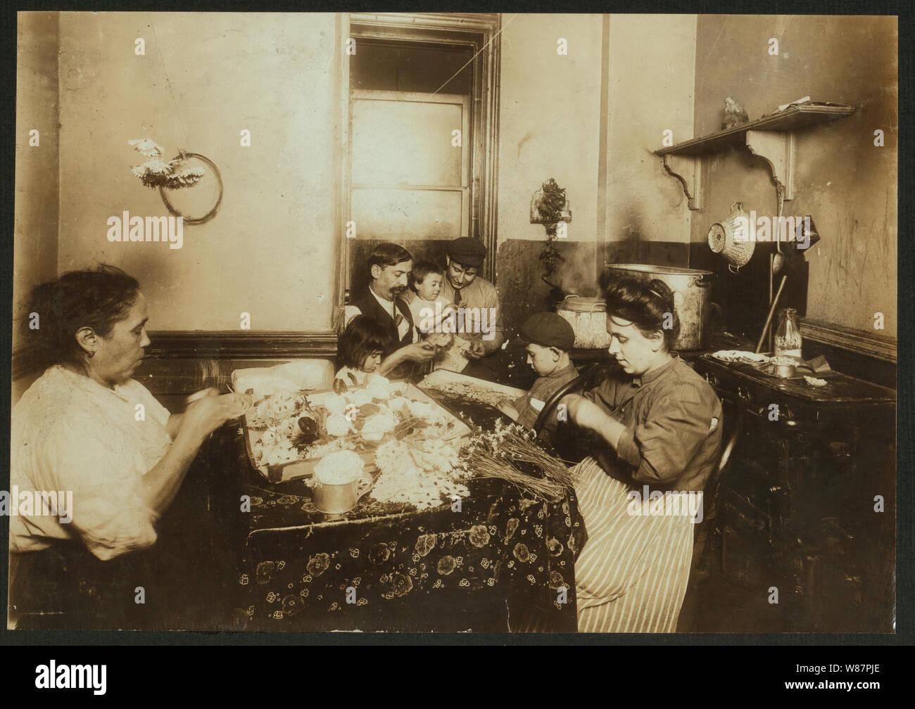 4 P.M. John Sachatello, a barber with a steady job helping family make flowers, 302 Mott St. Making bluettes at $2.00 a gross. Makes $12.00 to $13.00 a week when all work. Mary 5 yrs. old. Tommy 7 yrs. old. Stock Photo