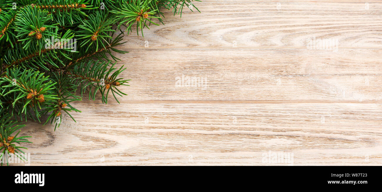 Christmas gray wooden background with fir tree and copy space. banner ...