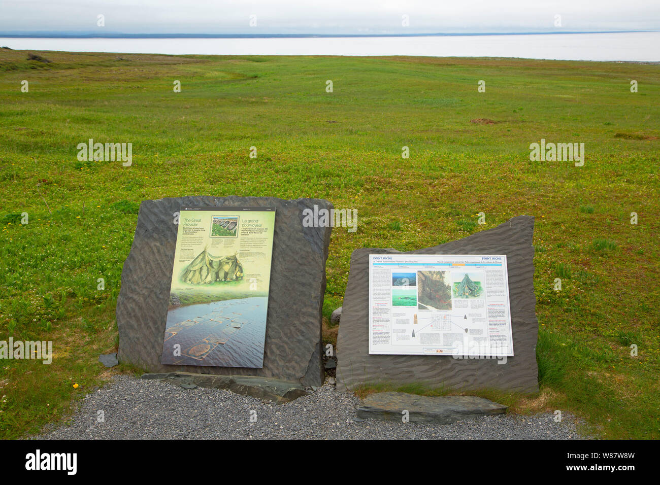 Interpretive boards, Port au Choix National Historic Site, Newfoundland and Labrador, Canada Stock Photo