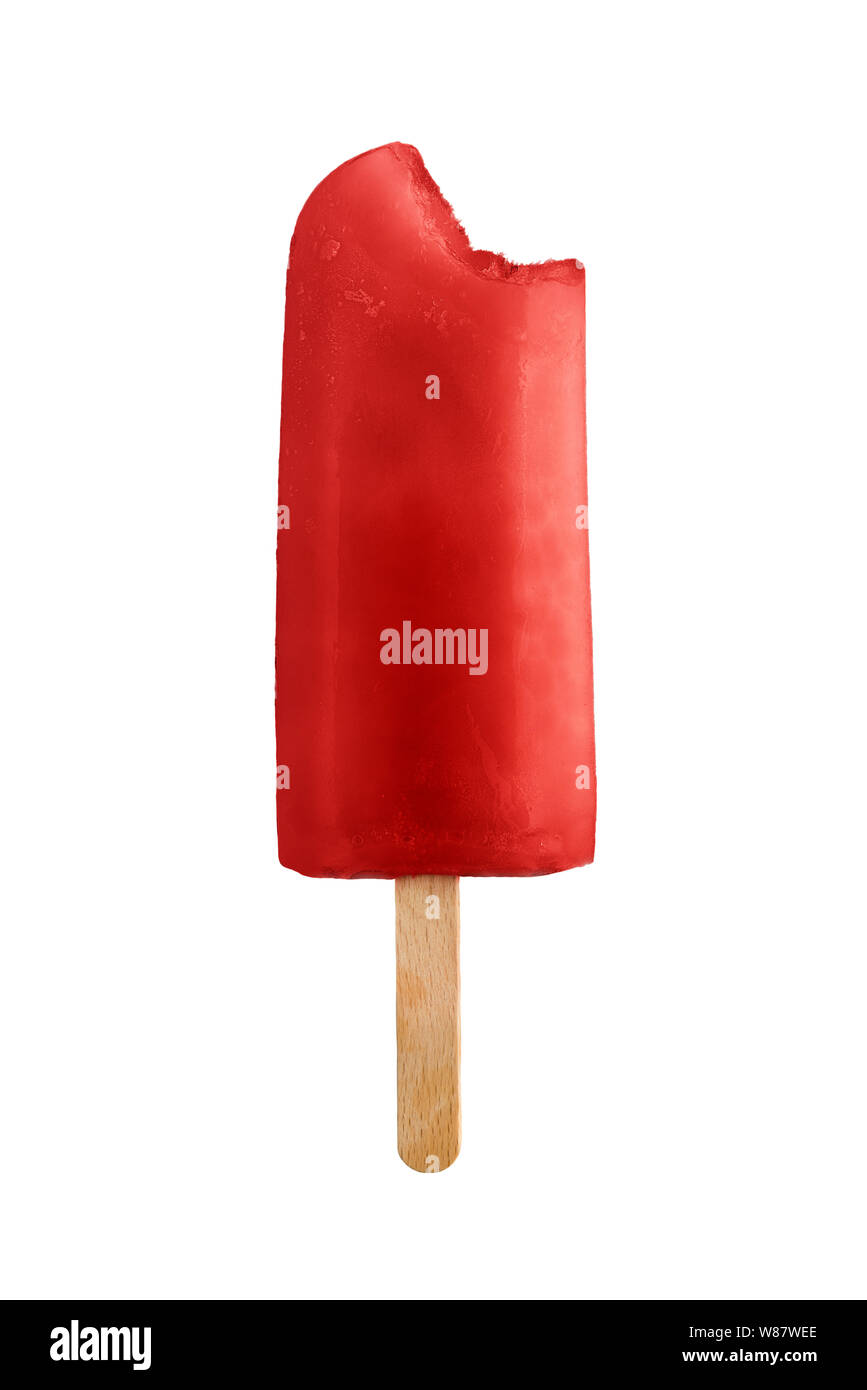 strawberry bitten ice lolly, isolated on white background Stock Photo
