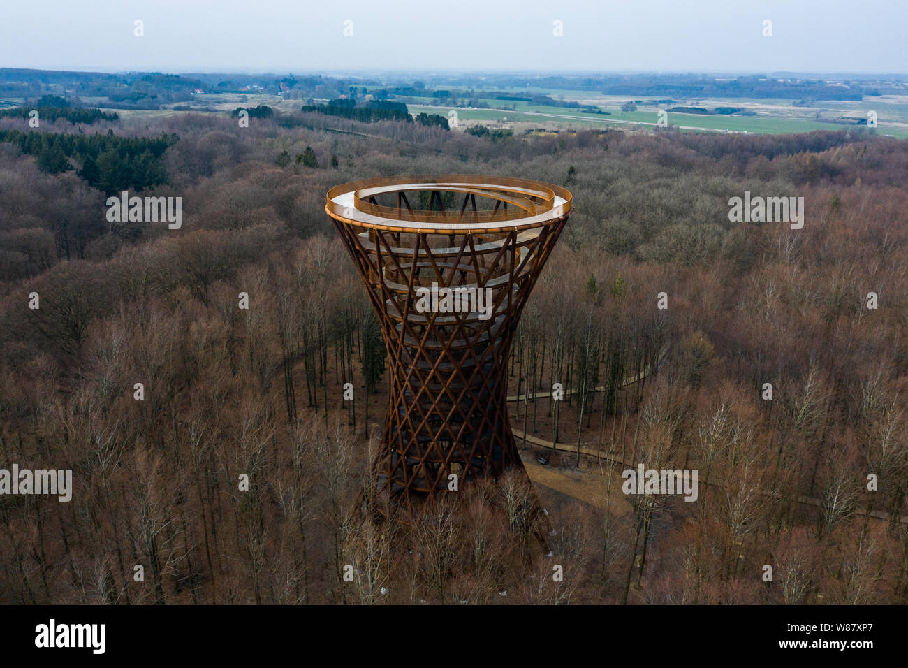 Haslev, Denmark. 3rd., April 2019. The 45 meter high spectacular spiral  wood and steel observation tower is overlooking the beautiful Gisselfeld  Klosters Forest as part of Camp Adventure in Haslev. (Photo credit: