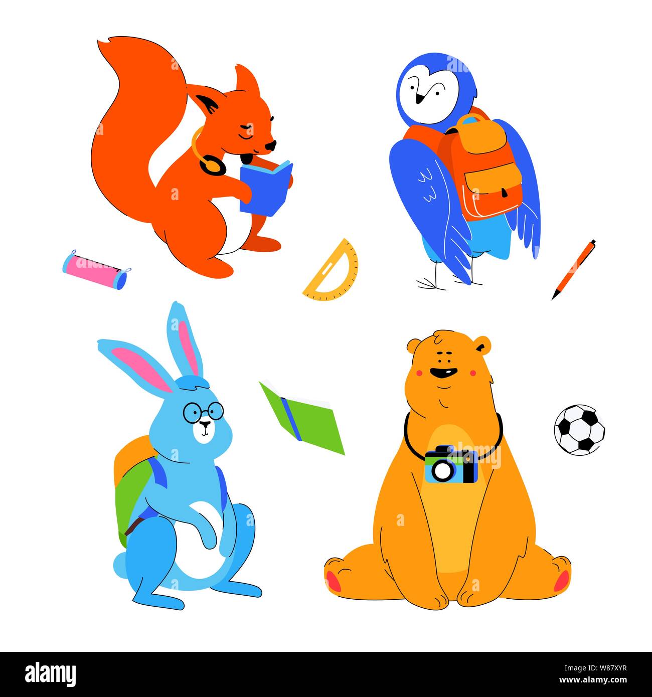 Animals students - flat design style set of cartoon characters Stock Vector