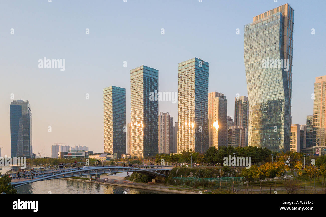 sunset at songdo central park.incheon,South Korea Stock Photo
