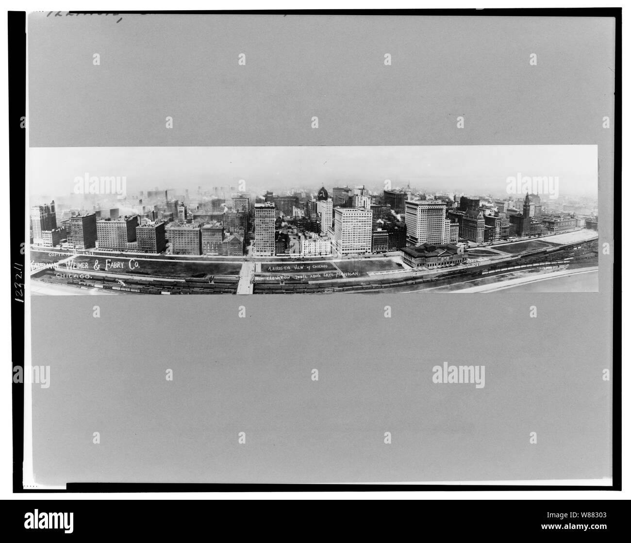 A bird's-eye view of Chicago from elevation 700 ft. above Lake Michigan ...