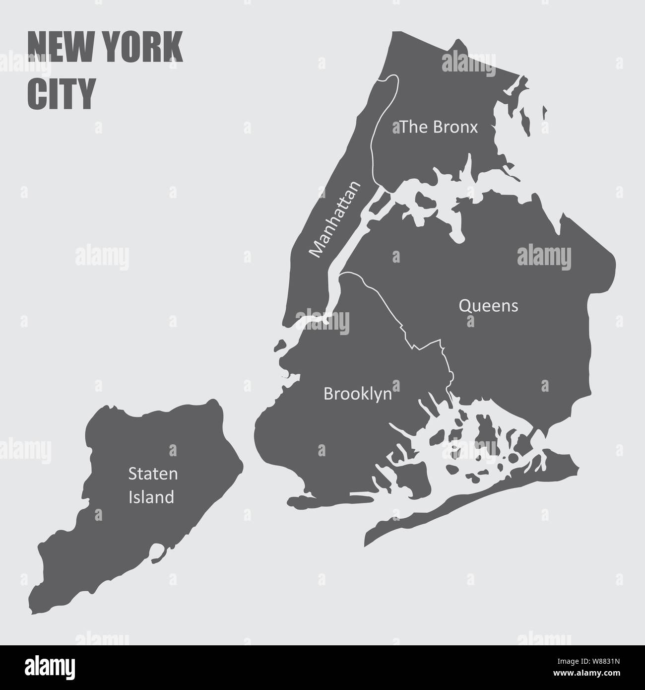 Map of New York city, with borders of the regions and labels Stock Vector