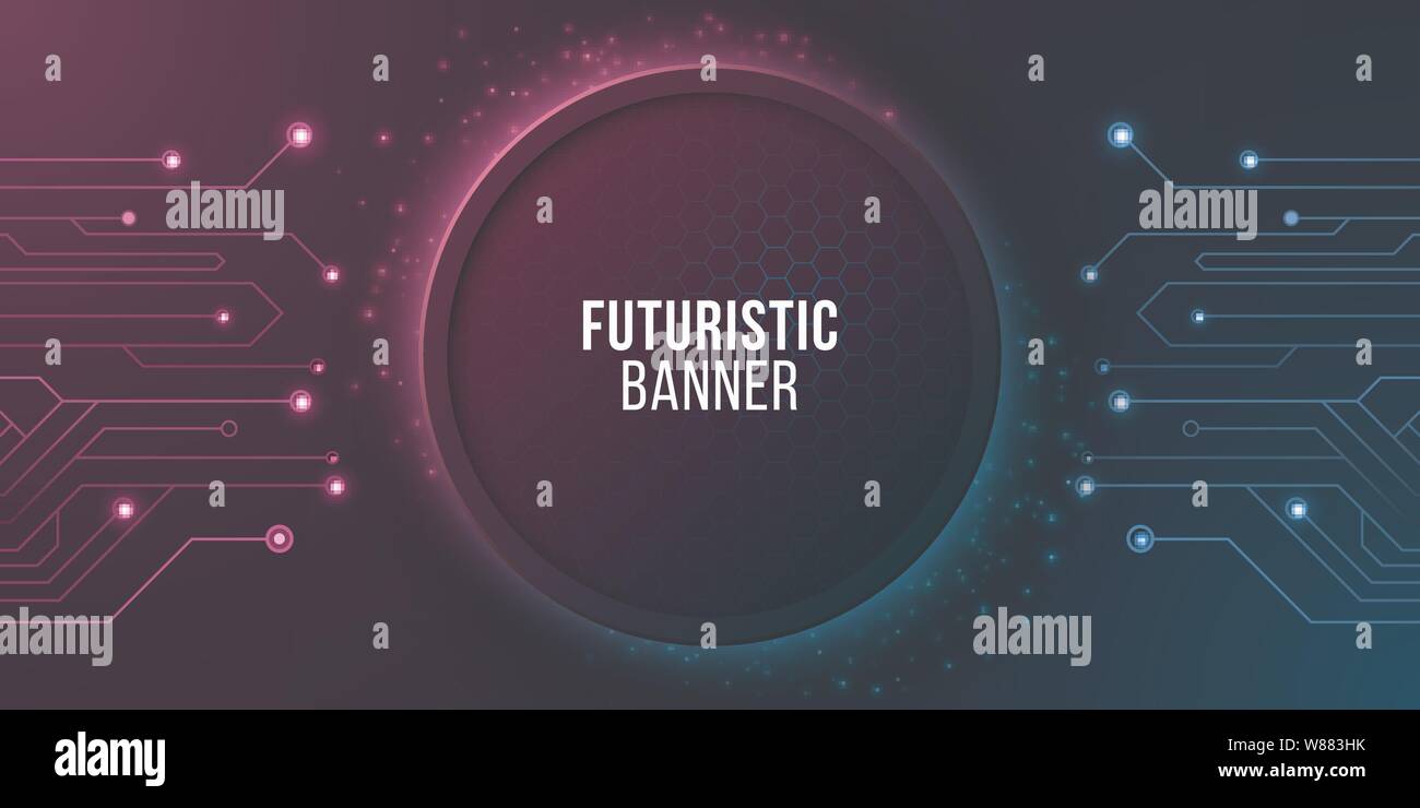 Futuristic banner with computer circuit. Modern tech design. Blue and purple glowing neon honeycombs with flying glowing dust. Vector illustration. EP Stock Vector
