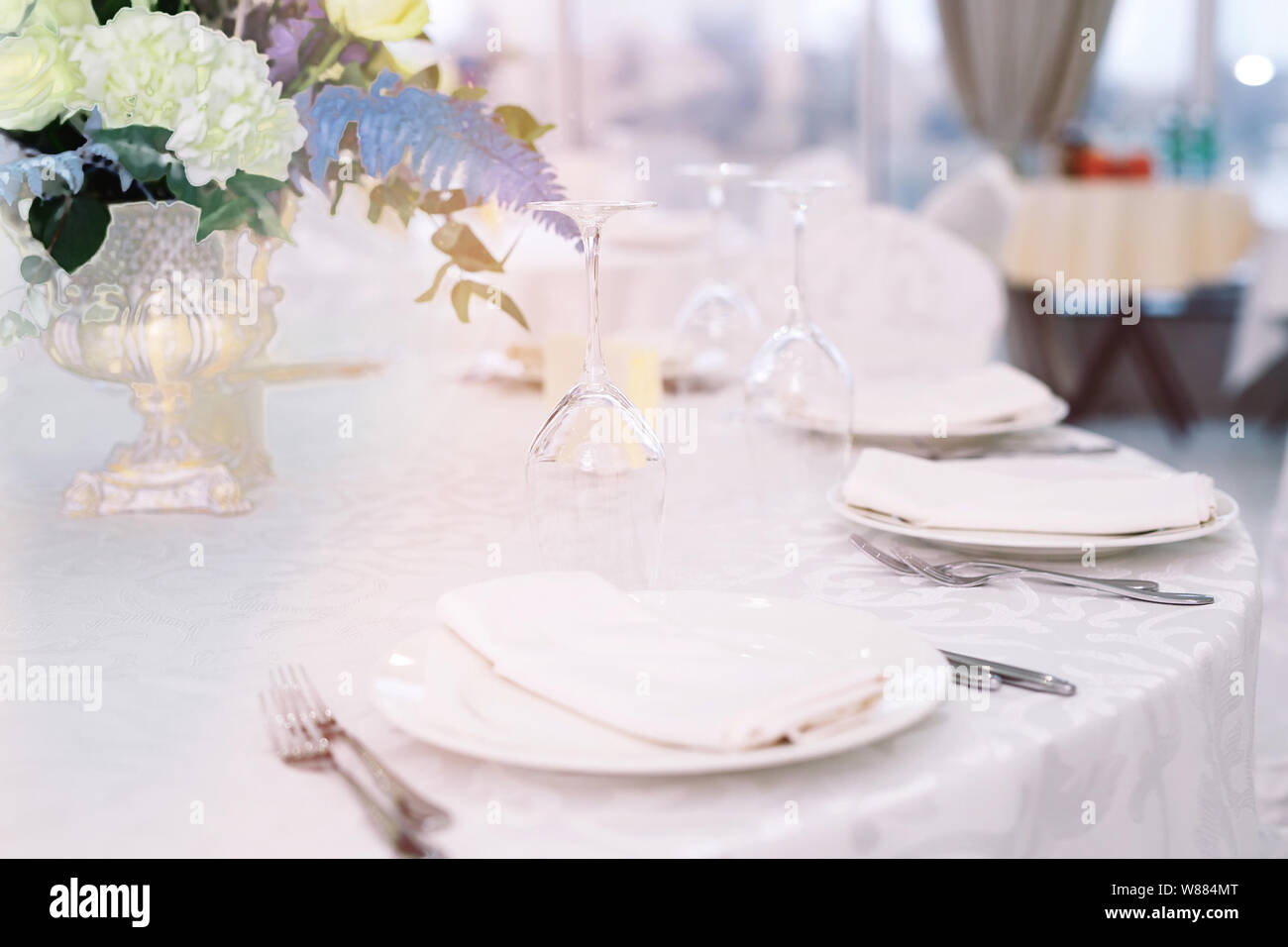 Table set for wedding or another catered event dinner Stock Photo