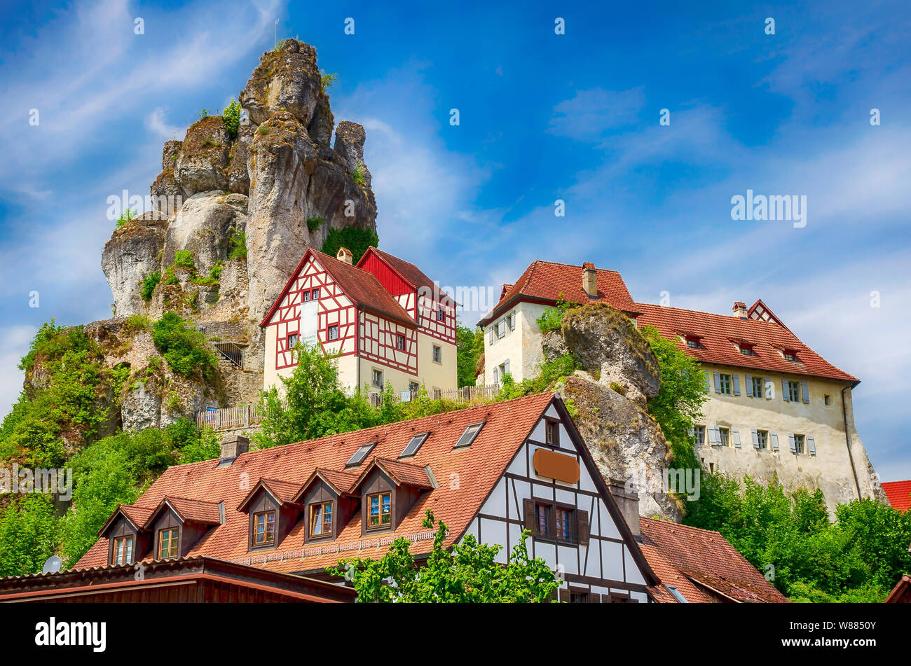 Castle at Tüchersfeld with rocks at Franconian Switzerland, Germany Stock Photo