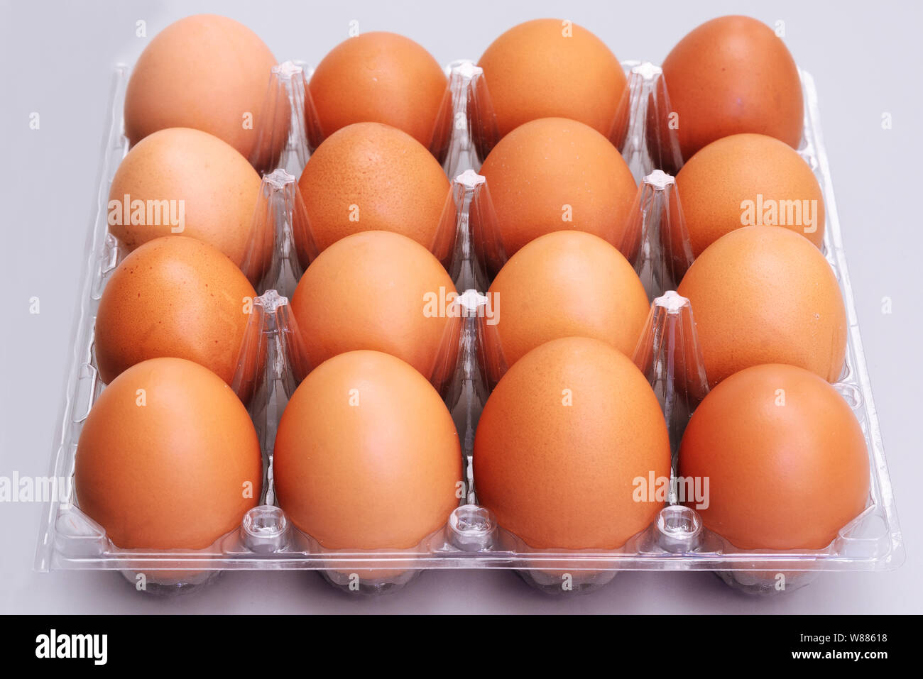brown chicken eggs in plastic box on gray background, easter festive concept Stock Photo