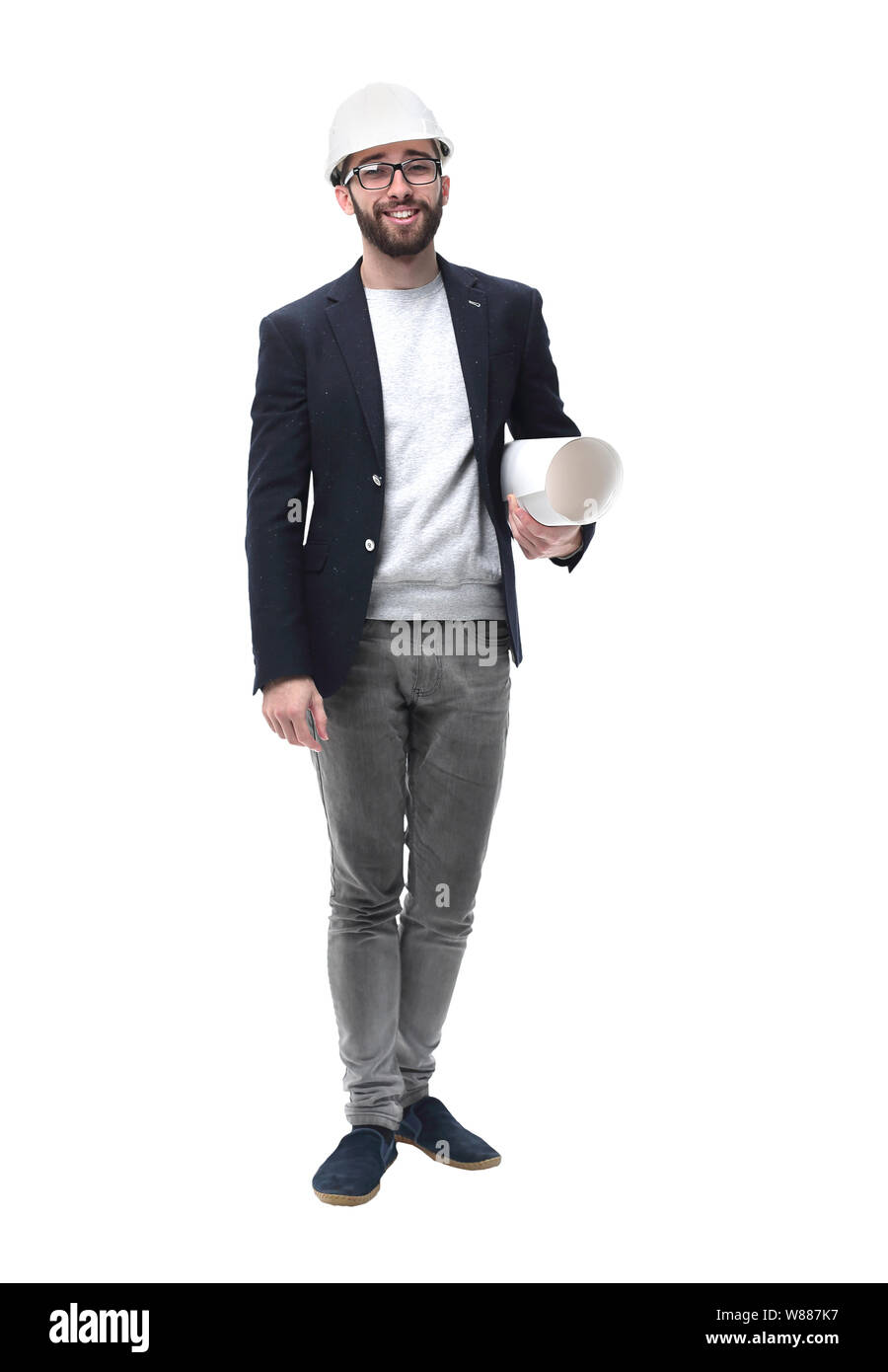 in full growth. qualified architect engineer with drawings Stock Photo