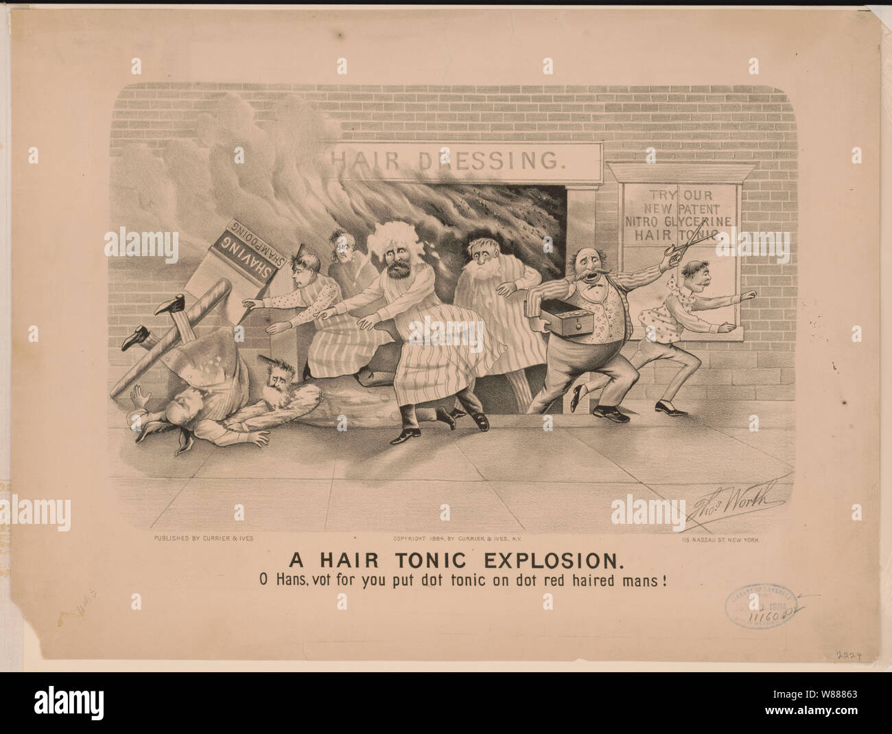 A  hair tonic explosion: o Hans, vot for you put dot tonic on dot red haired mans! Stock Photo
