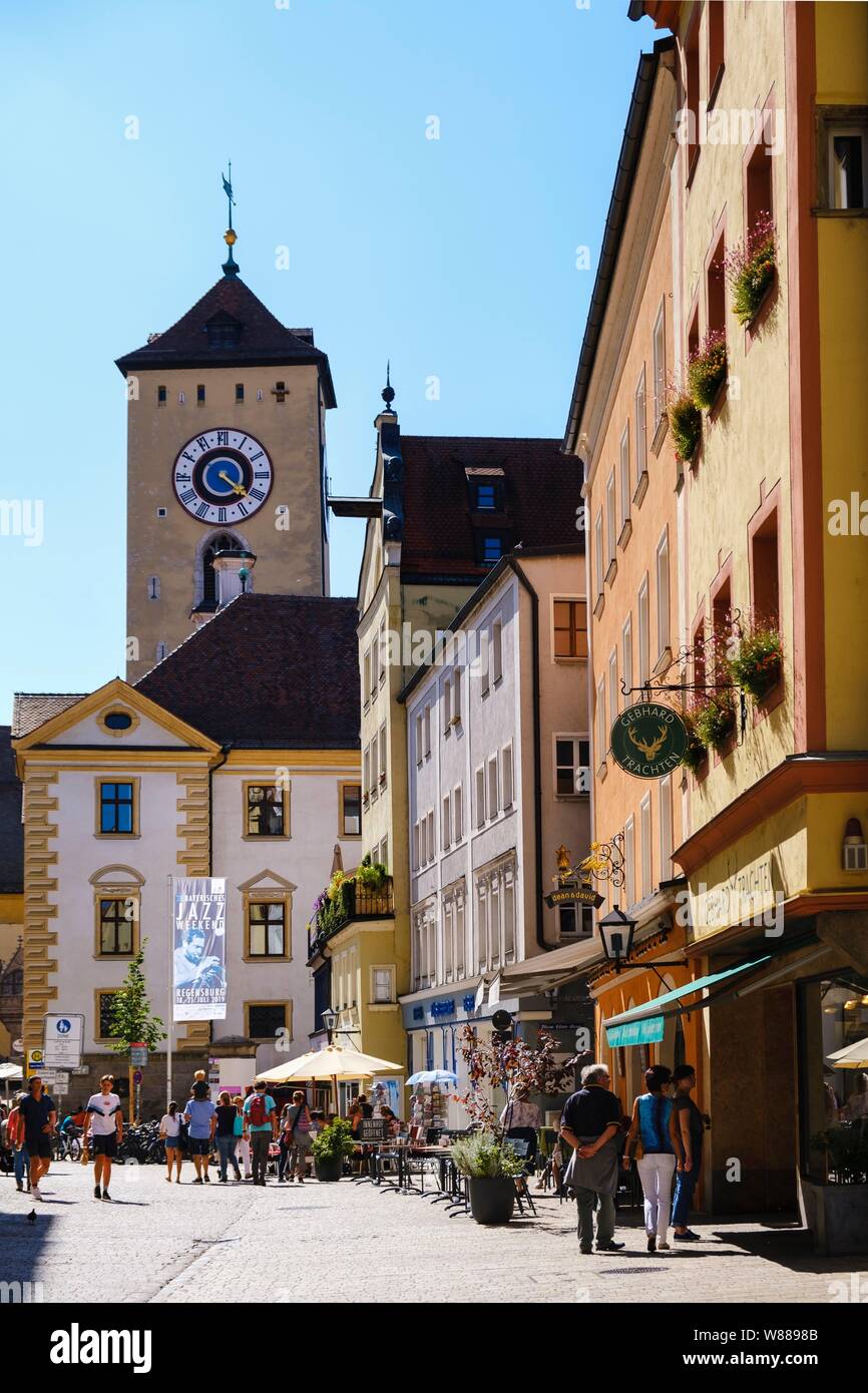 Old town at the coal market with town hall tower, Regensburg, Upper Palatinate, Bavaria, Germany Stock Photo