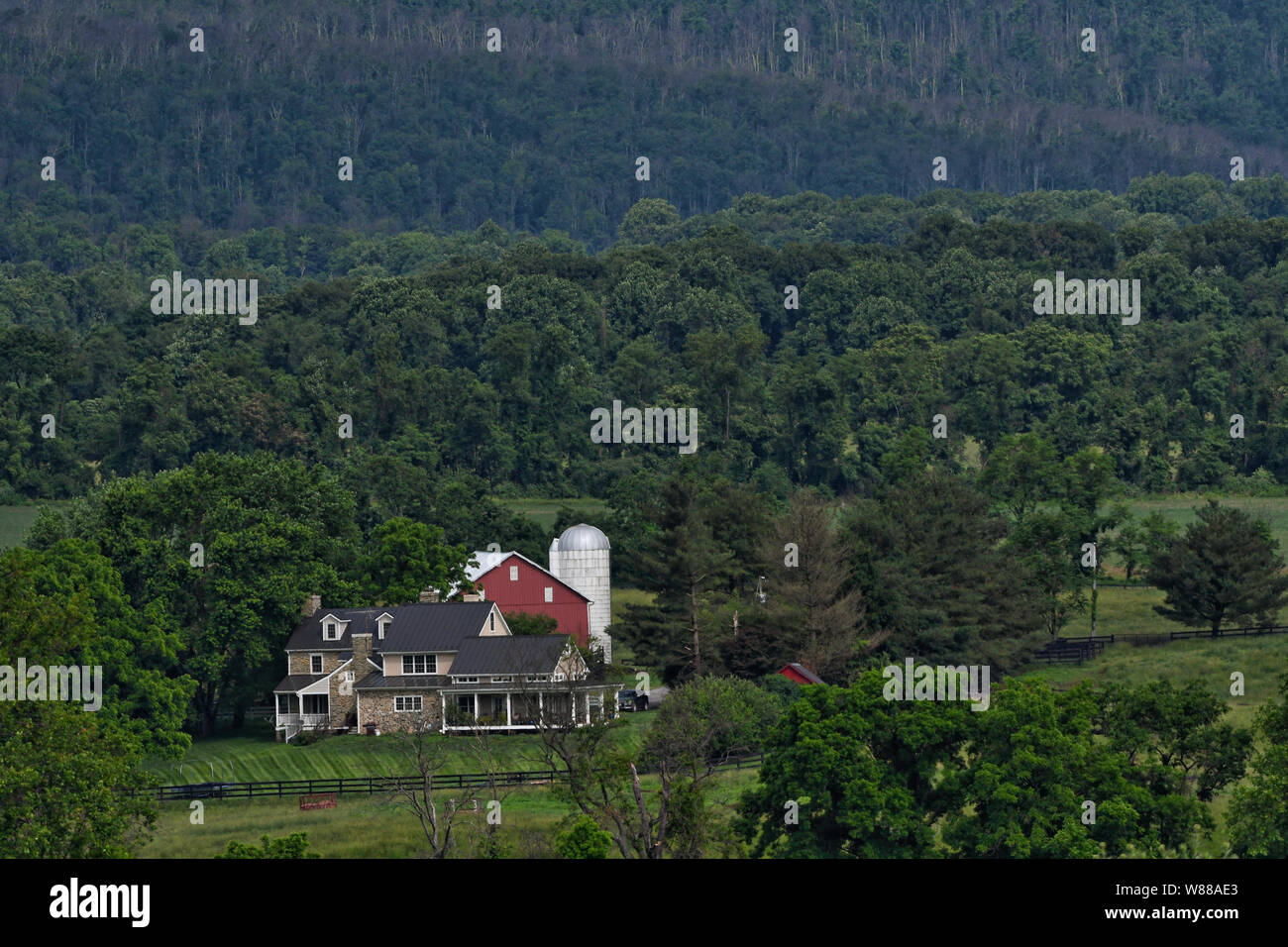 UNITED STATES - May 28, 2019: A view of an old farm along the Blue ...
