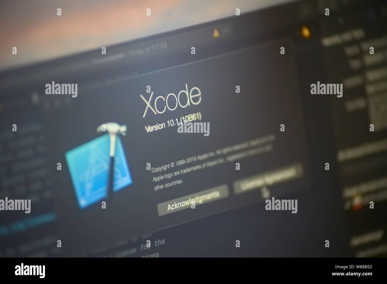 Bishkek, Kyrgyzstan - January 17, 2019: Launch xcode software for ios app development. Xcode logo closeup Stock Photo