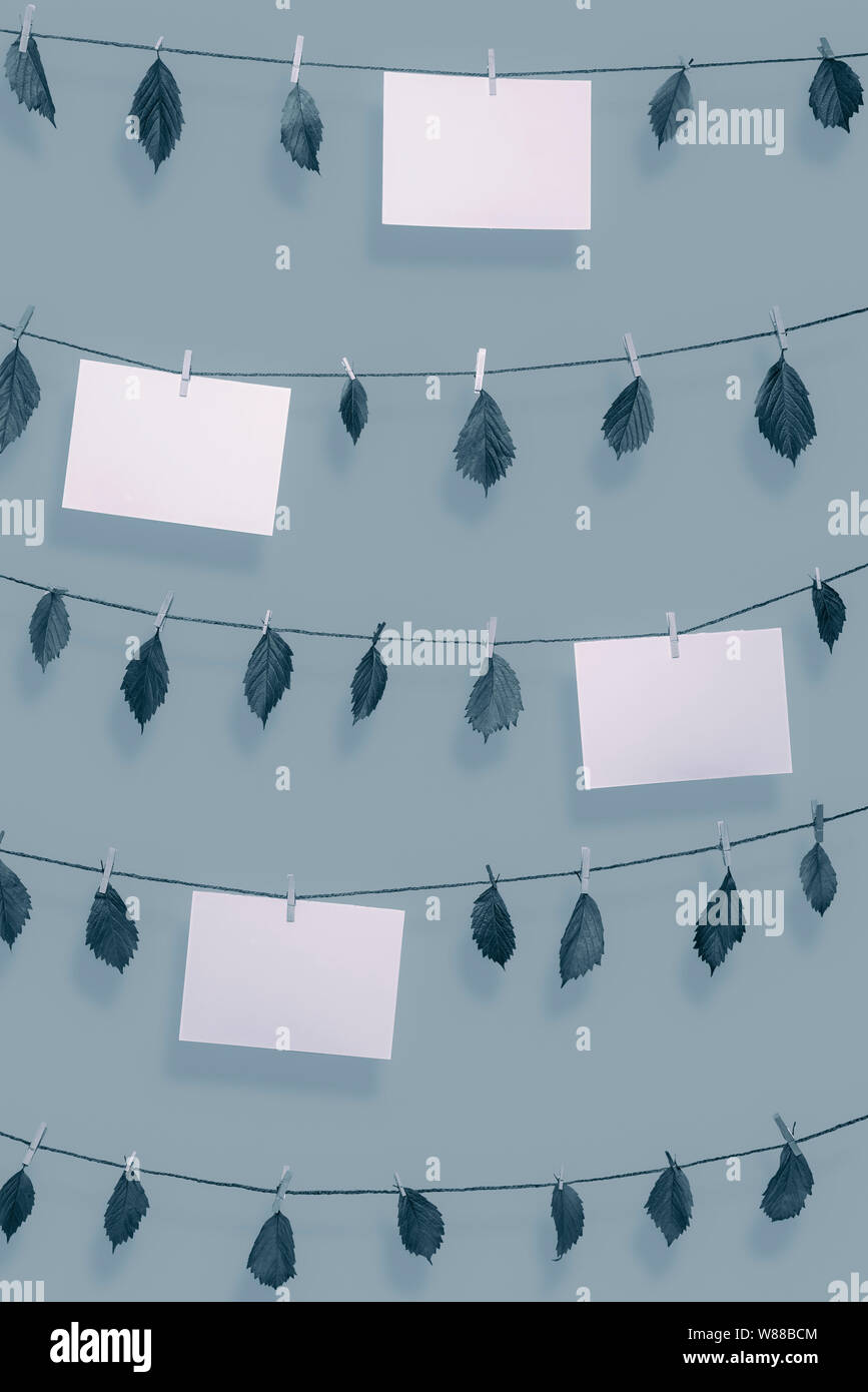 Blank paper notes and dried leaves hanging on clotheslines with wooden clips. Paper sheet frames in blue monochrome color. Environment concept. Nature Stock Photo