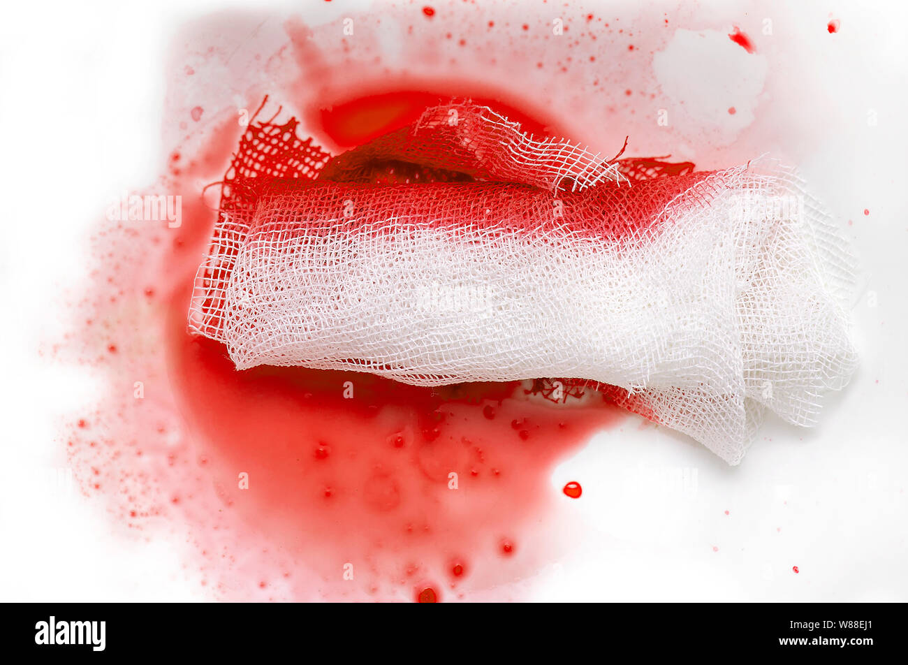 Close-up Blood with Gauze, bloody gauze bandage Stock Photo