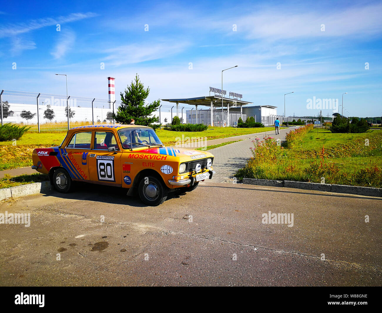 Kaluga, Russia - 07.18.2018 The old machine. The old Russian car Moskvich stands in the parking lot at the plant Volkswagen in Russia. Stock Photo