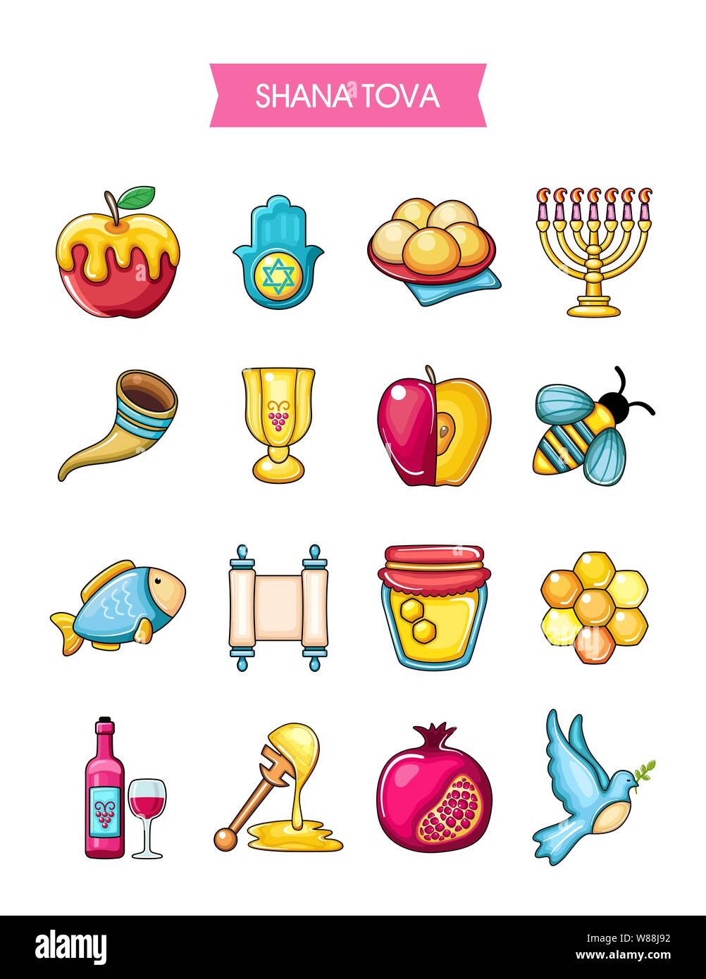 Rosh Hashanah, Shana Tova or Jewish New year flat vector icons set