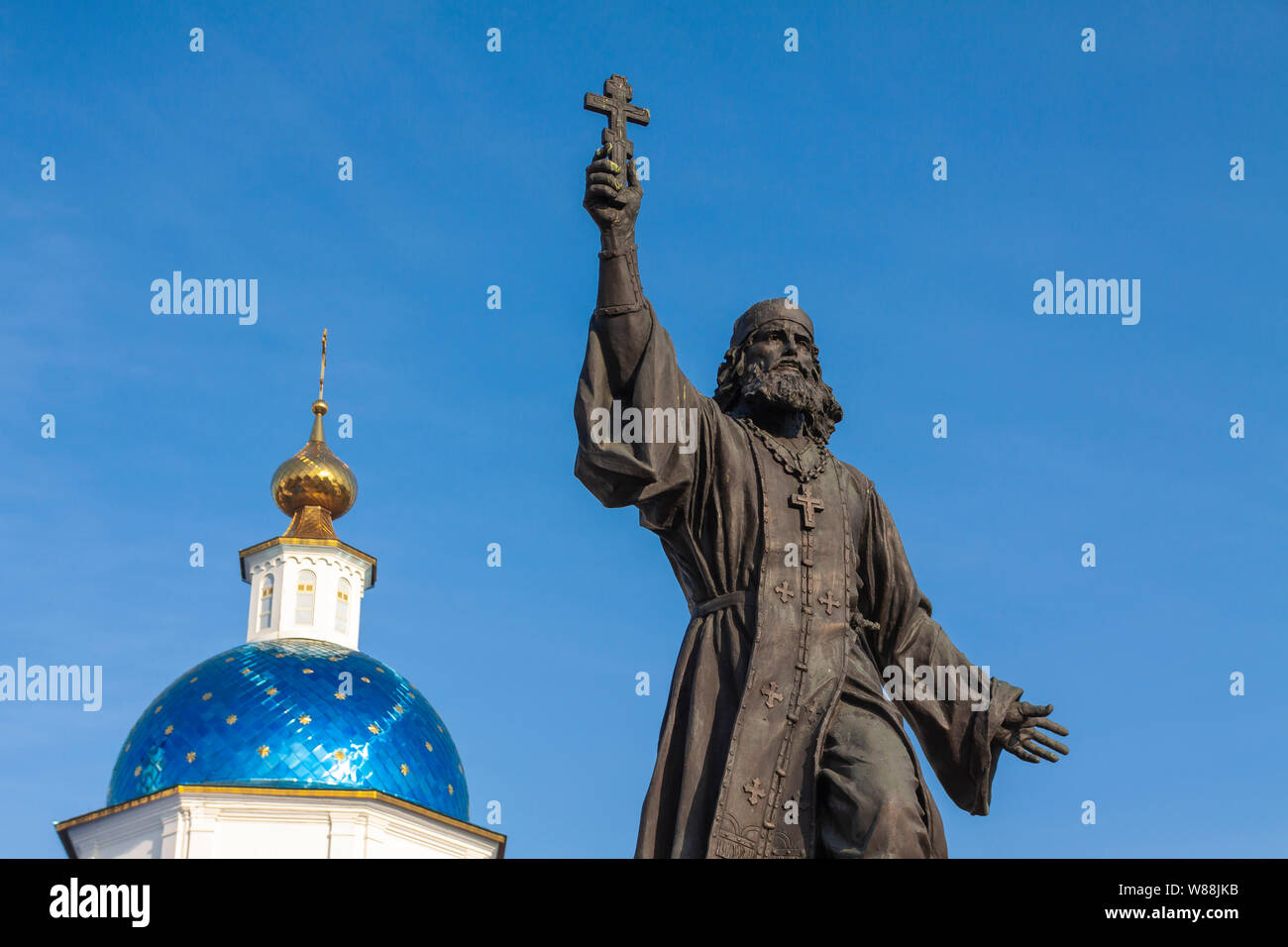 Maloyaroslavets, Russia - 09.09.2018: Monument to the military priest. Monument to a military priest who entered the Patriotic War of 1812. Stock Photo
