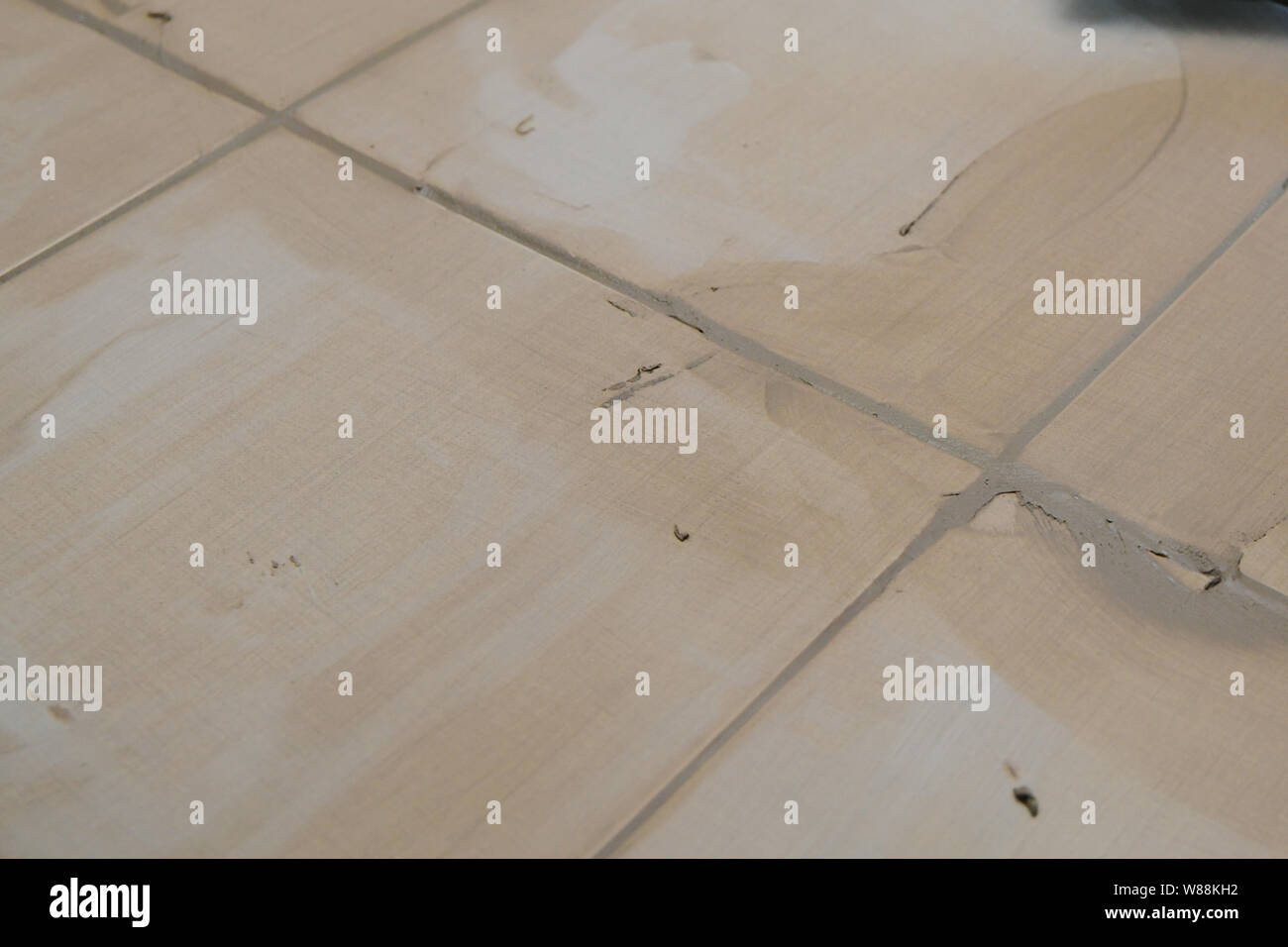 Putting fugue on tiles on the floor in corridor. Grouting ceramic tiles ...