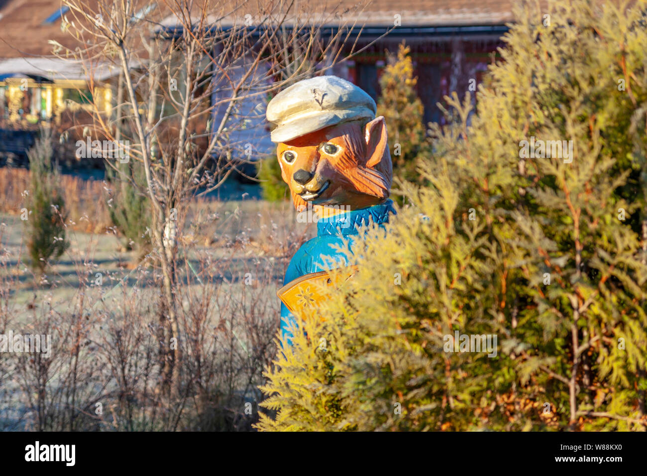 Kaluga, Russia, 11/16/2018. The sculpture of a bear with a balalaika
