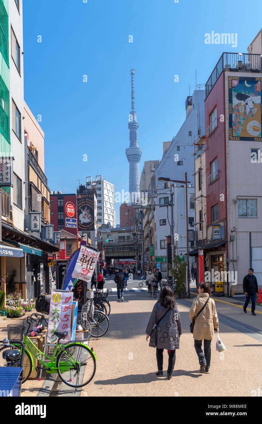Shops and restaurants in Asakusa looking towards the Tokyo Skytree, Taito,Tokyo, Japan Stock Photo