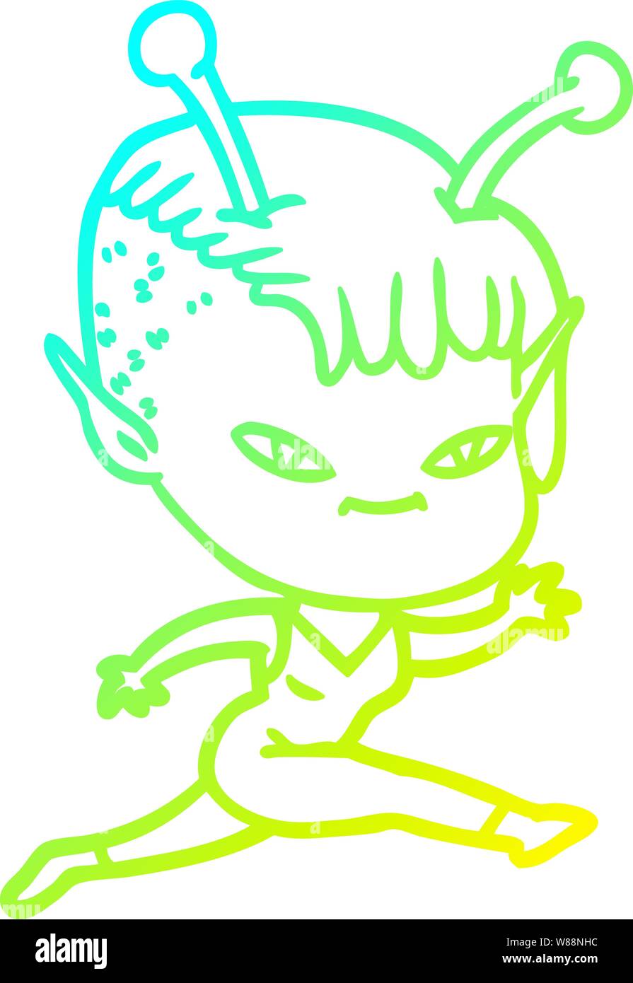 cold gradient line drawing of a cute cartoon alien girl Stock Vector ...