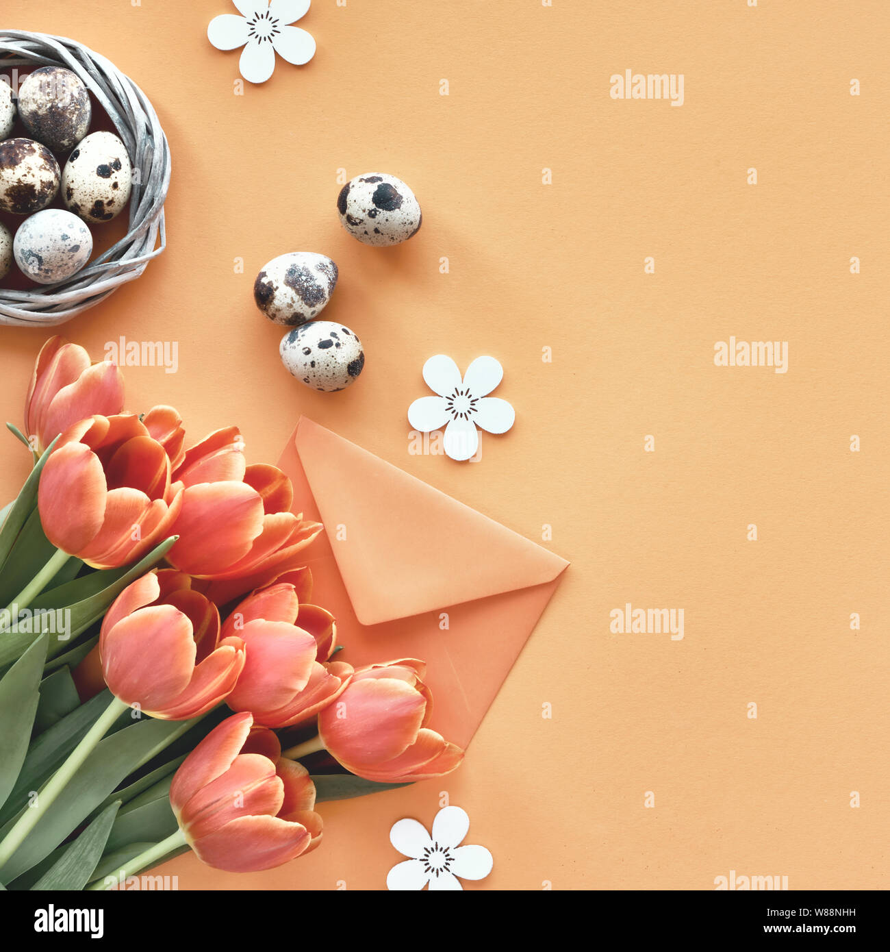 Easter flat lay on orange paper with copy-space. Quail eggs in bird ...