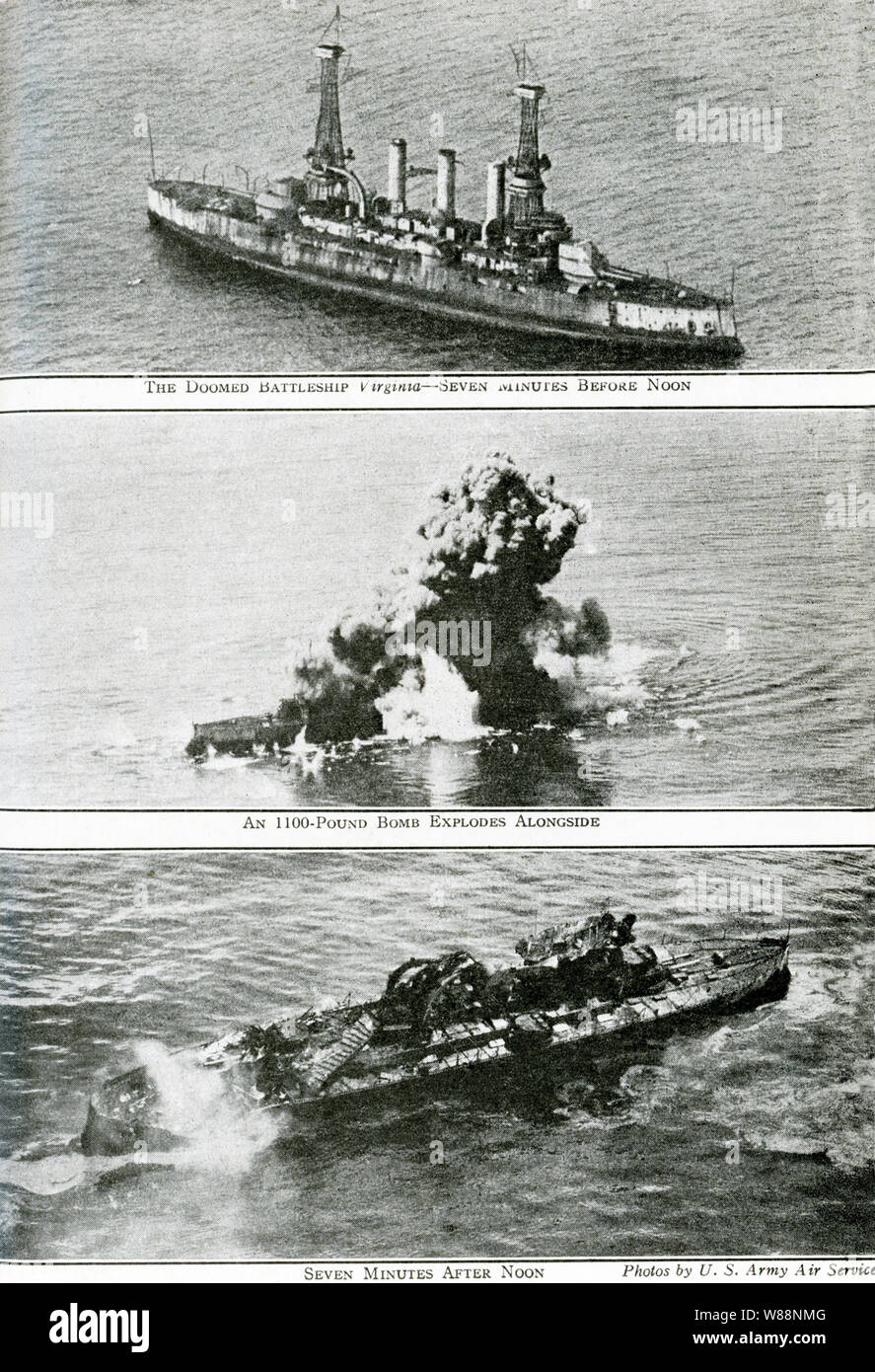 These photos date to September 5, 1923. The caption reads: What a Bomber from the air can do to a battleship. Top: The doomed battleship Virginia - Seven Minutes Before Noon; Middle: An 1100-pound bomb explodes alongside; Bottom: Seven Minues after Noon. In 1922, the U.S. War Department classified the Virginia as a target ship for bombing tests, along with her sister ship the USS New Jersey. The New Jersey was bombed first and sunk and then the Virginia. Stock Photo