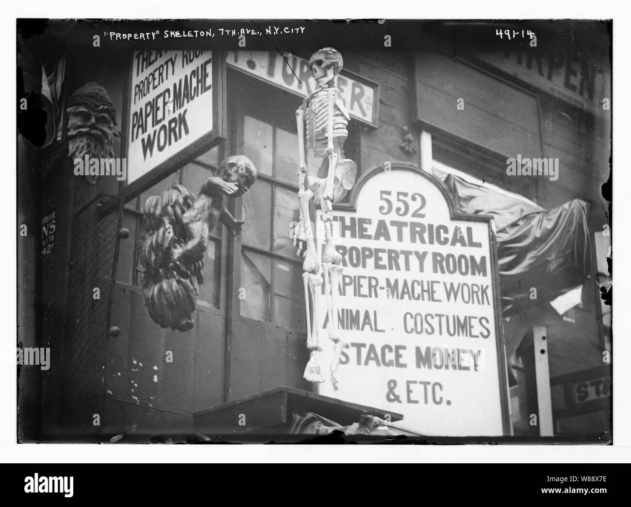 Property skeleton, 7th Ave., N.Y. City advertising Theatrical Property Room Stock Photo