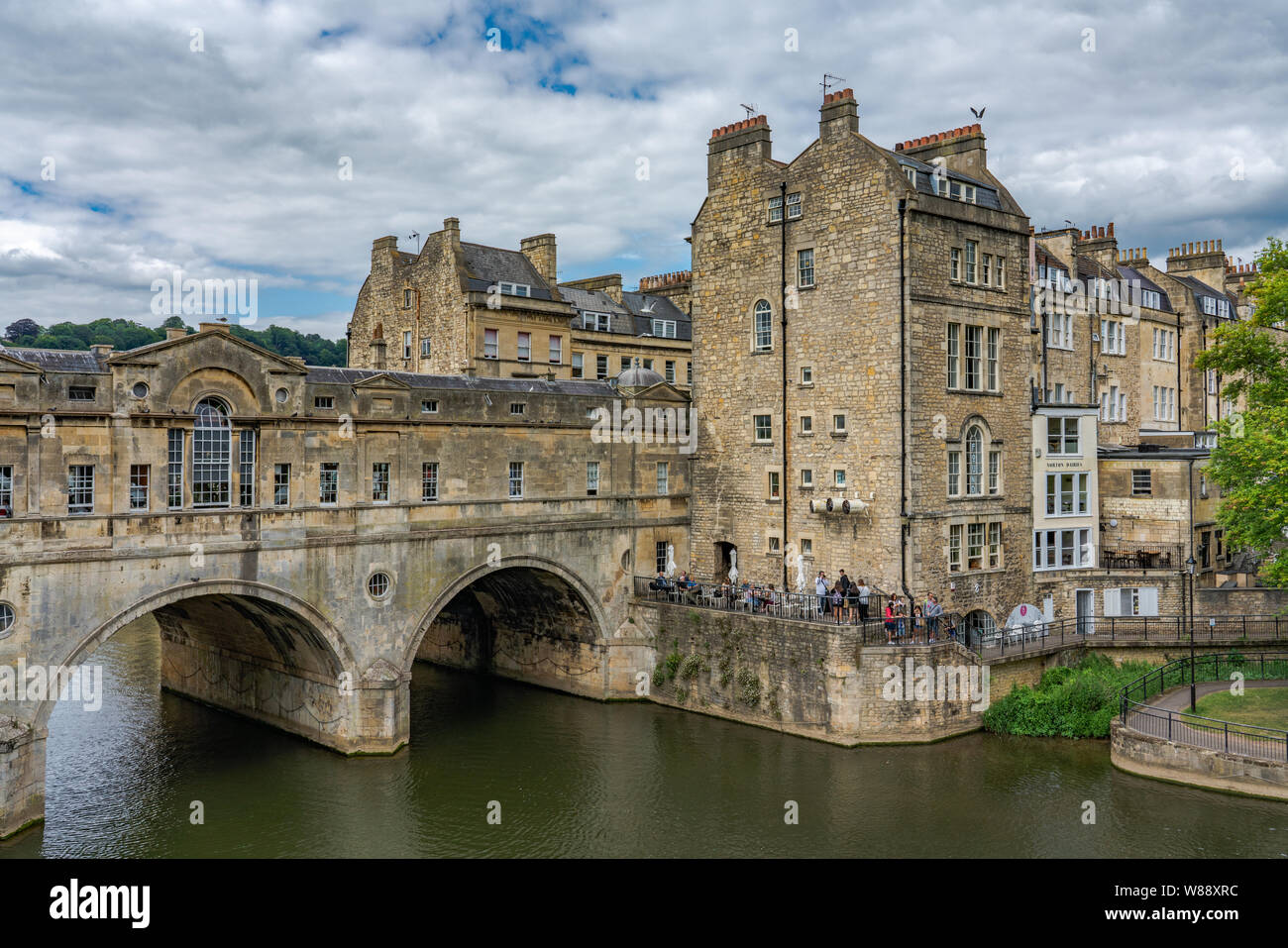 View of Pulteney Bridge and historic Roman buildings in Bath, UK Stock Photo