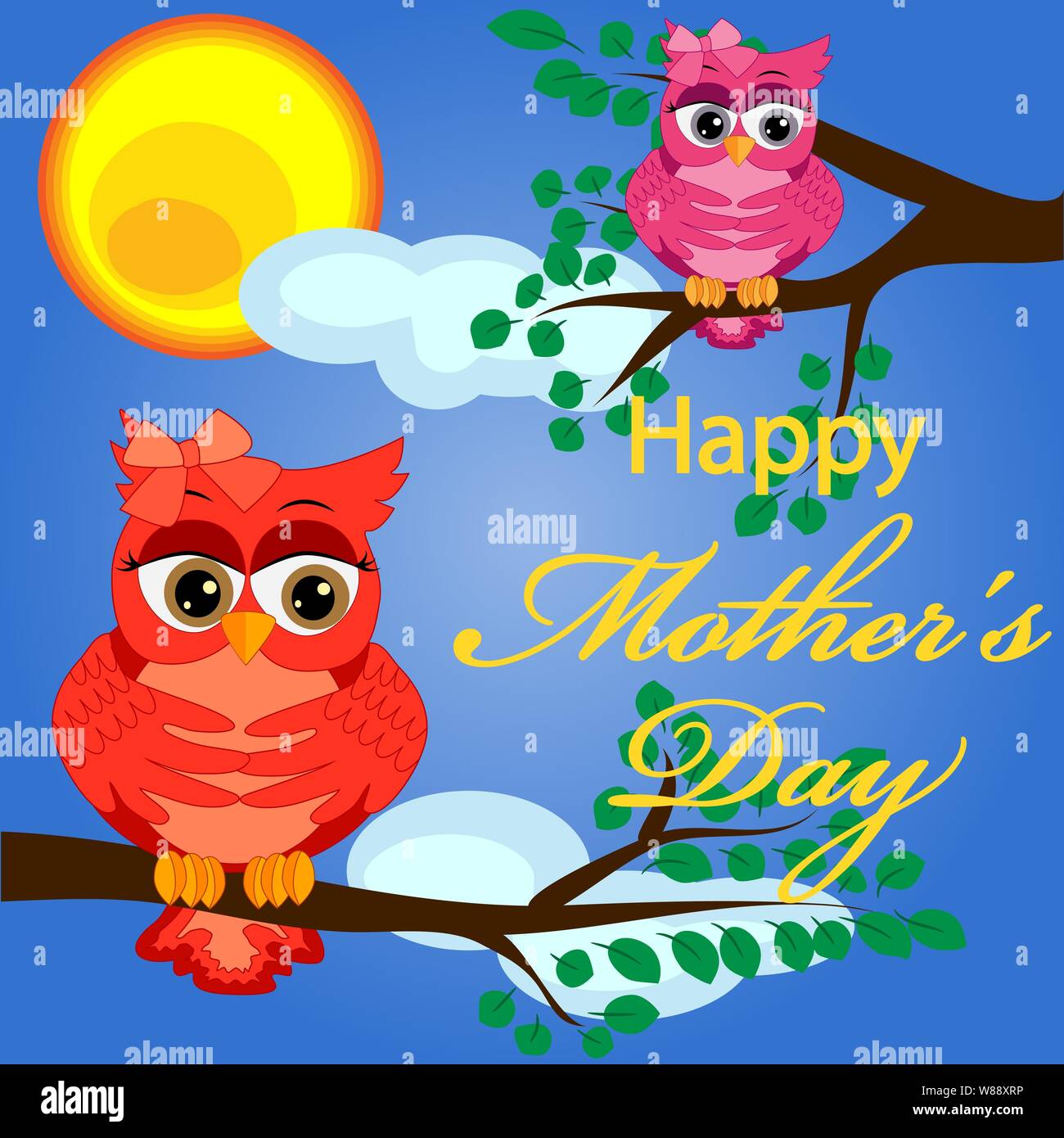 Mother's day owl. Cute illustration of happy mother and kid owl sitting