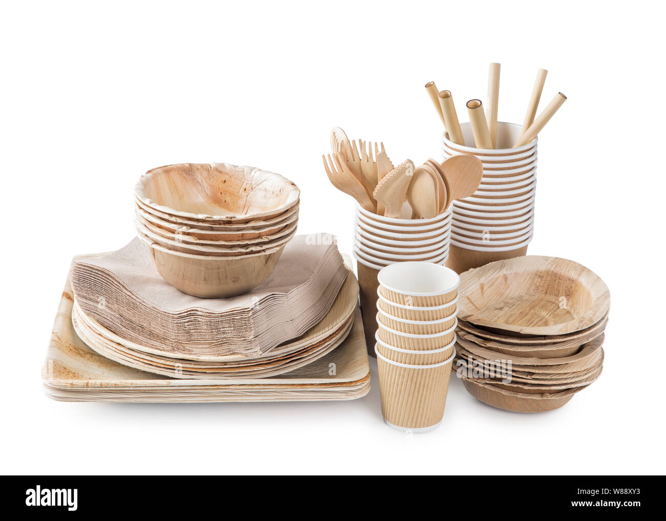 Eco friendly disposable tableware isolated on a white background Stock Photo