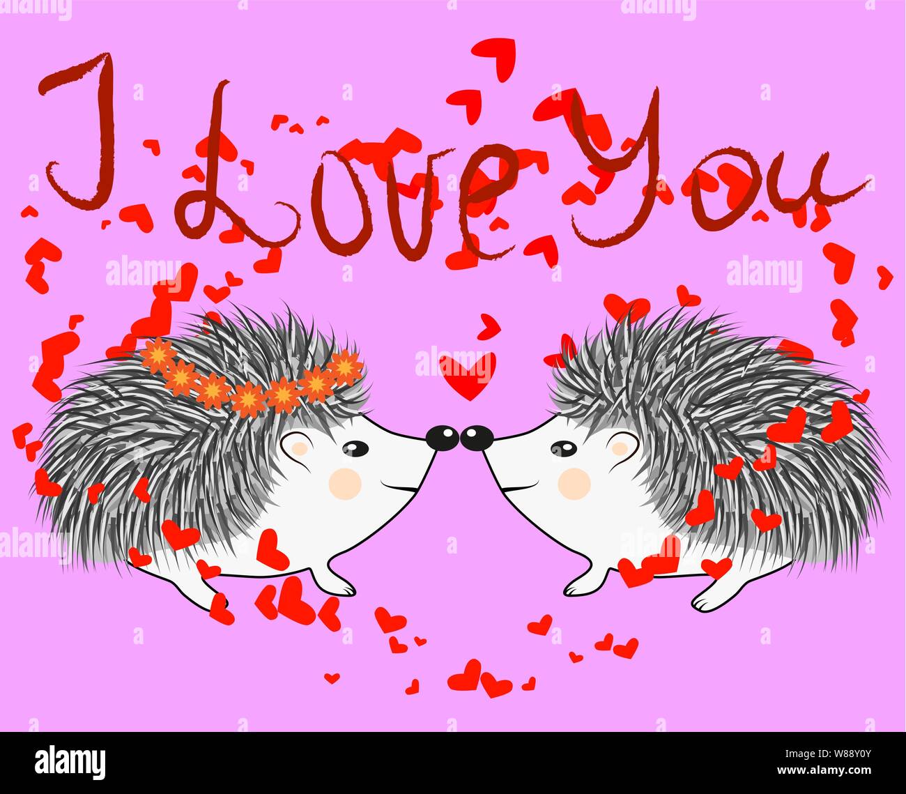 Invitation card with cute cartoon Hedgehogs in love with Heart and ...