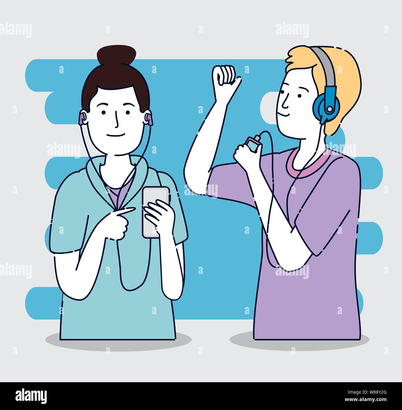 happy boys with modern headphones and mp4 Stock Vector Image & Art - Alamy