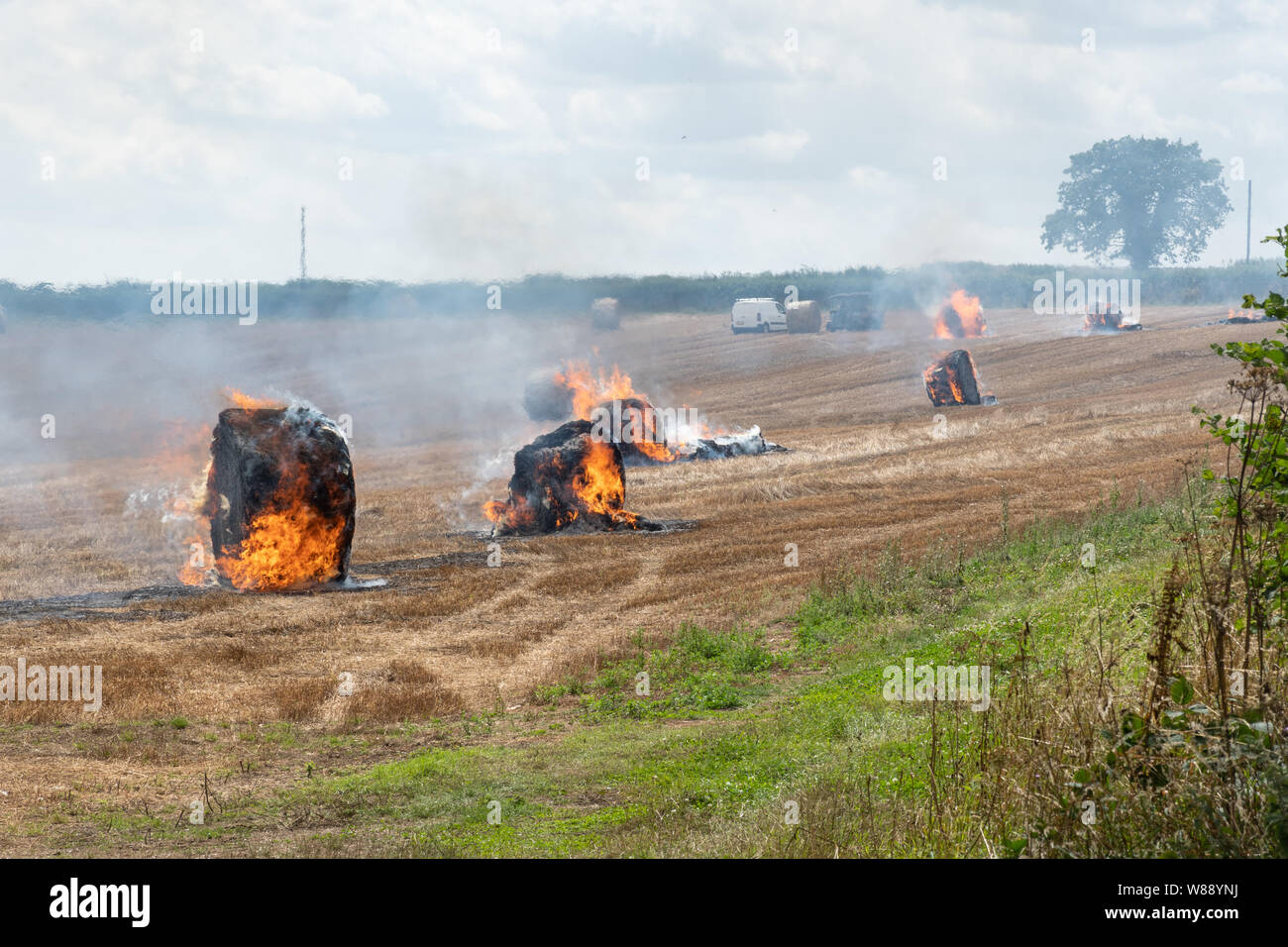 Burning linseed straw bales in a Hampshire field during August, UK Stock Photo