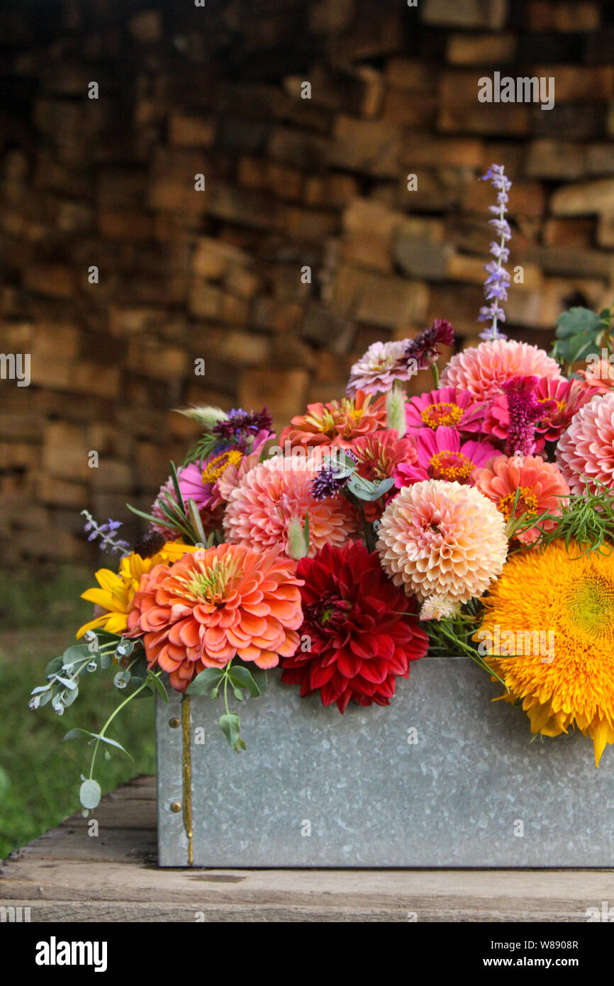 Flower Arrangement in Box in Front of Wood Background Stock Photo - Alamy