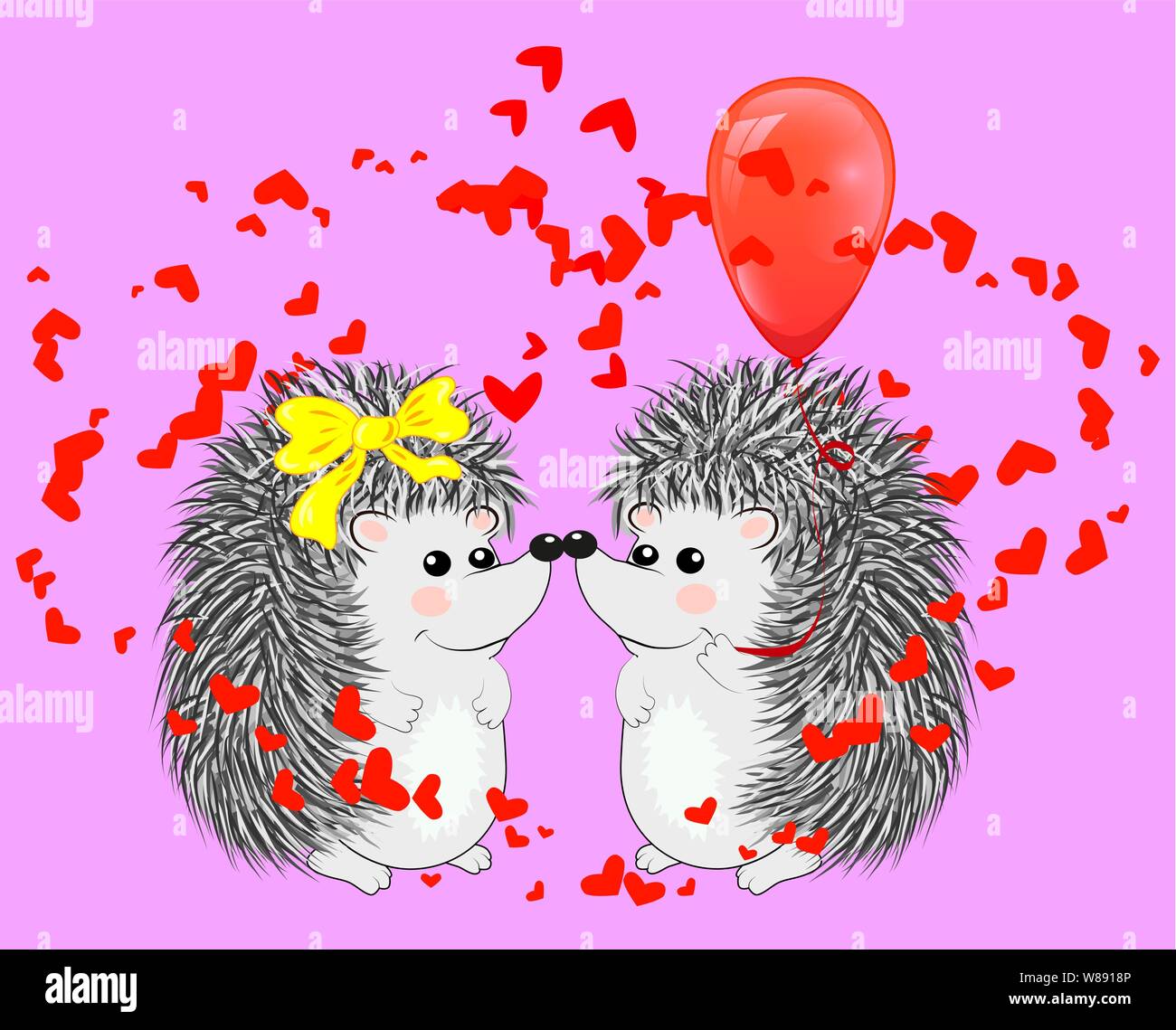 Invitation card with cute cartoon Hedgehogs in love with Heart and ...