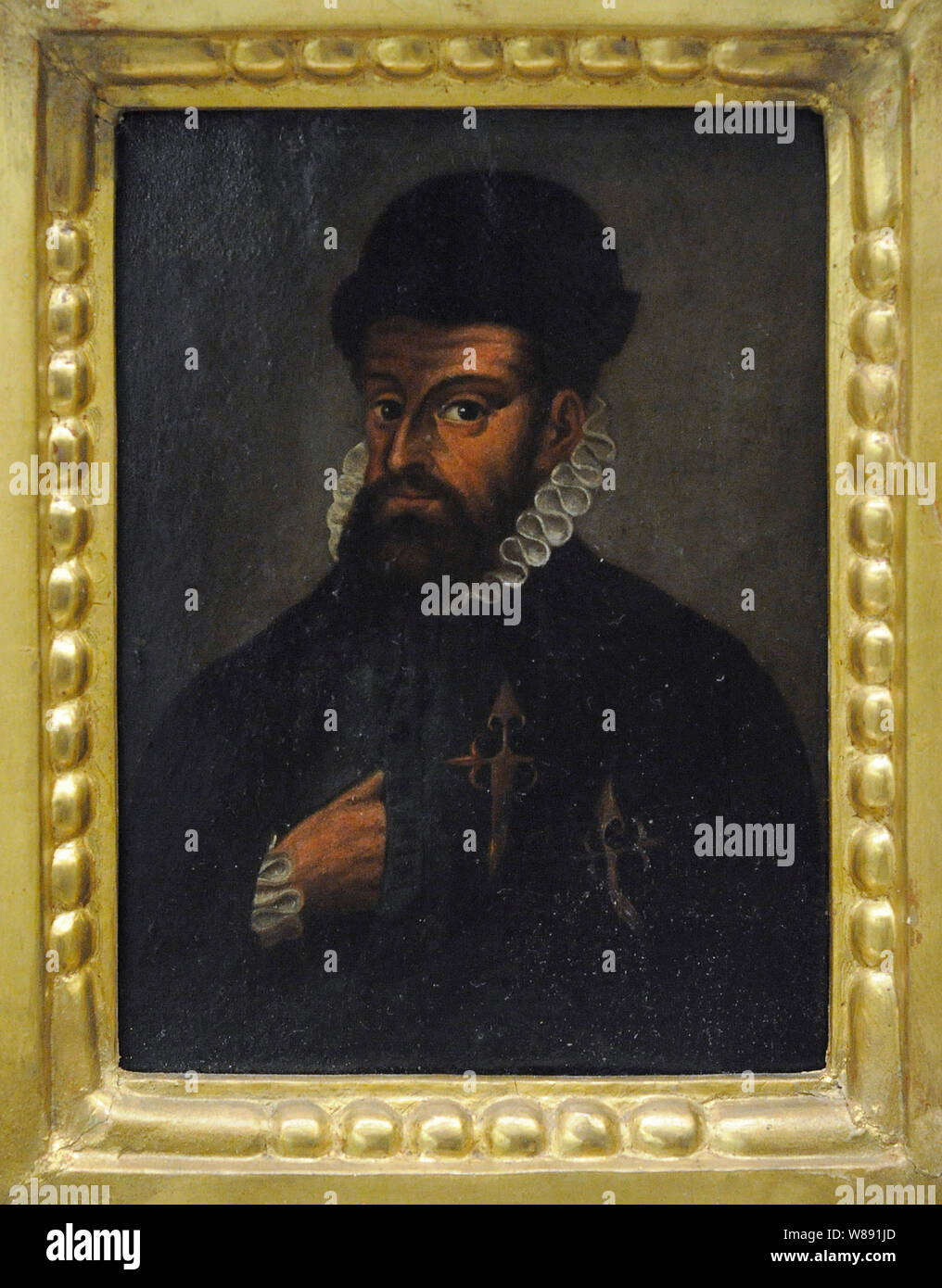 Francisco Pizarro (ca. 1476-1541). Spanish explorer and conquistador. After conquering Peru, founded its capital city, Lima. Anonymous portrait, Spain, 16th century. Oil on copper. Museum of the Americas. Madrid, Spain. Stock Photo