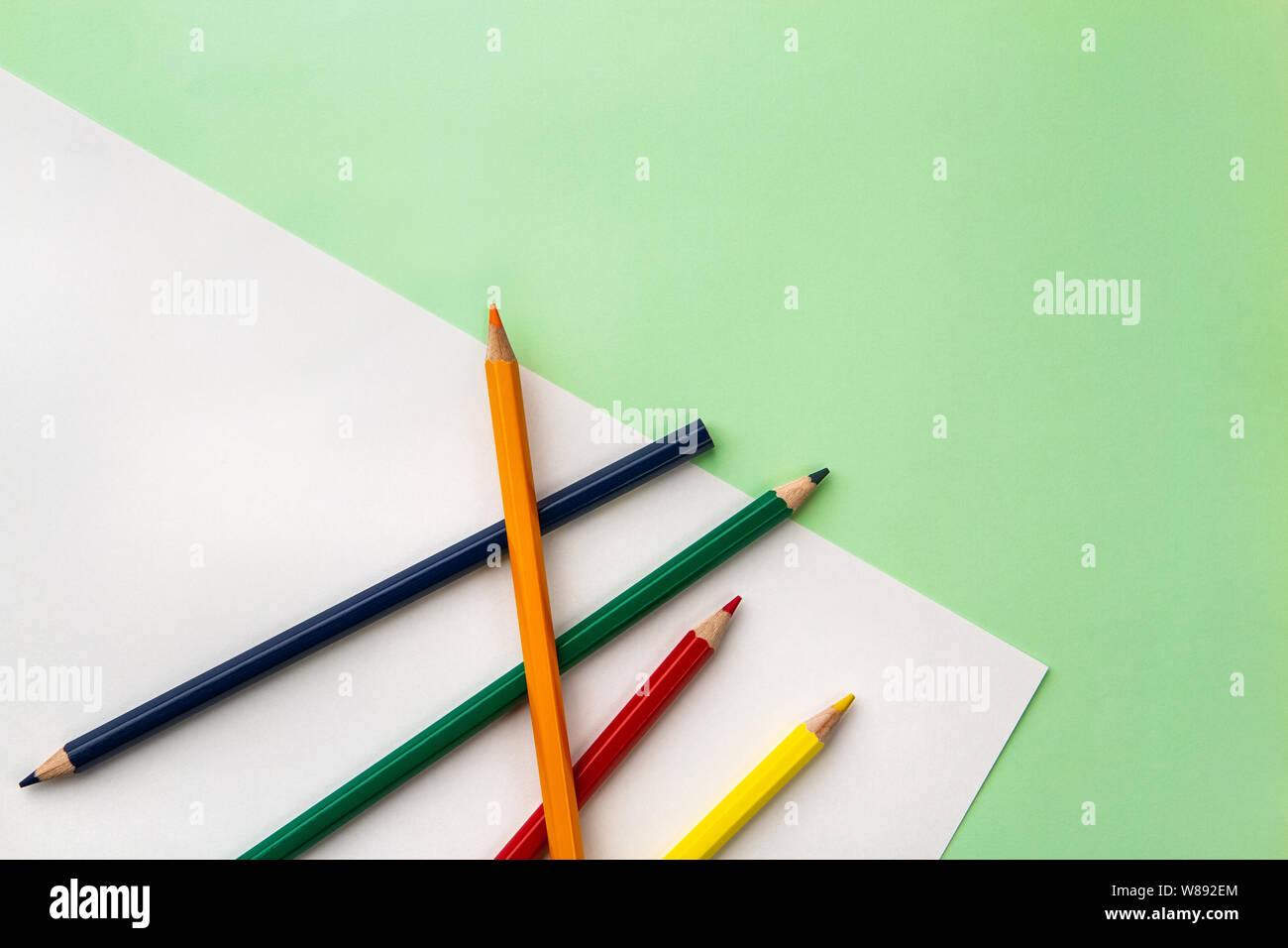 white sheet of paper and five pencils on a pea green color paper background. Copyspace Stock Photo