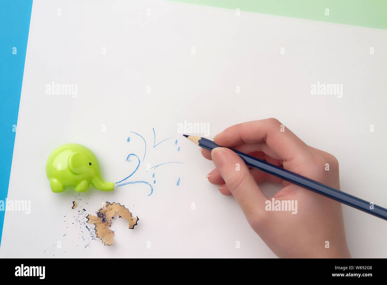 Cute children's sharpener in the form of an elephant, hand with blue pencil drawing a spray of water and a pencil filings. Flat lay Stock Photo