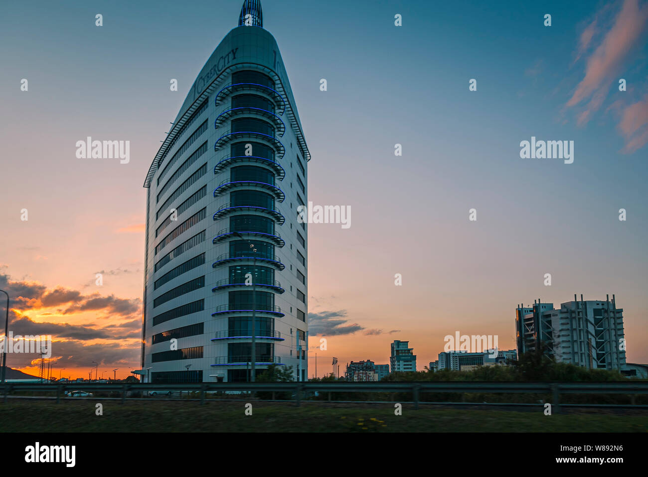 Cyber-City at sunset, Ebene, Mauritius, Oct 2010 - The main cyber tower dominating the cyber city, an information technology hub for Mauritius and a l Stock Photo