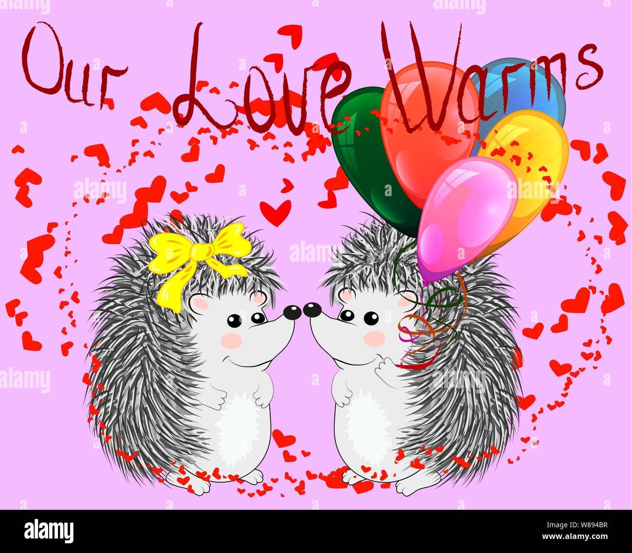 Invitation card with cute cartoon Hedgehogs in love with Heart and ...